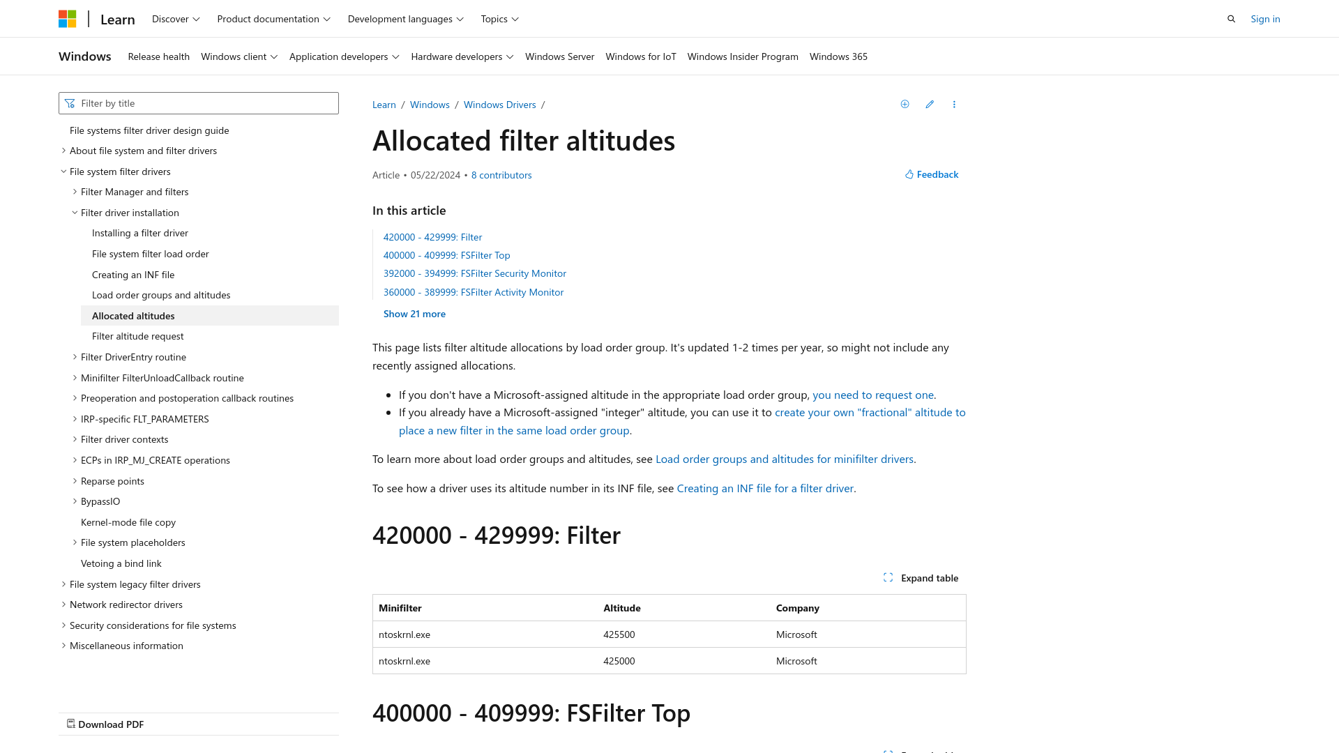 Allocated Filter Altitudes - Windows drivers | Microsoft Learn