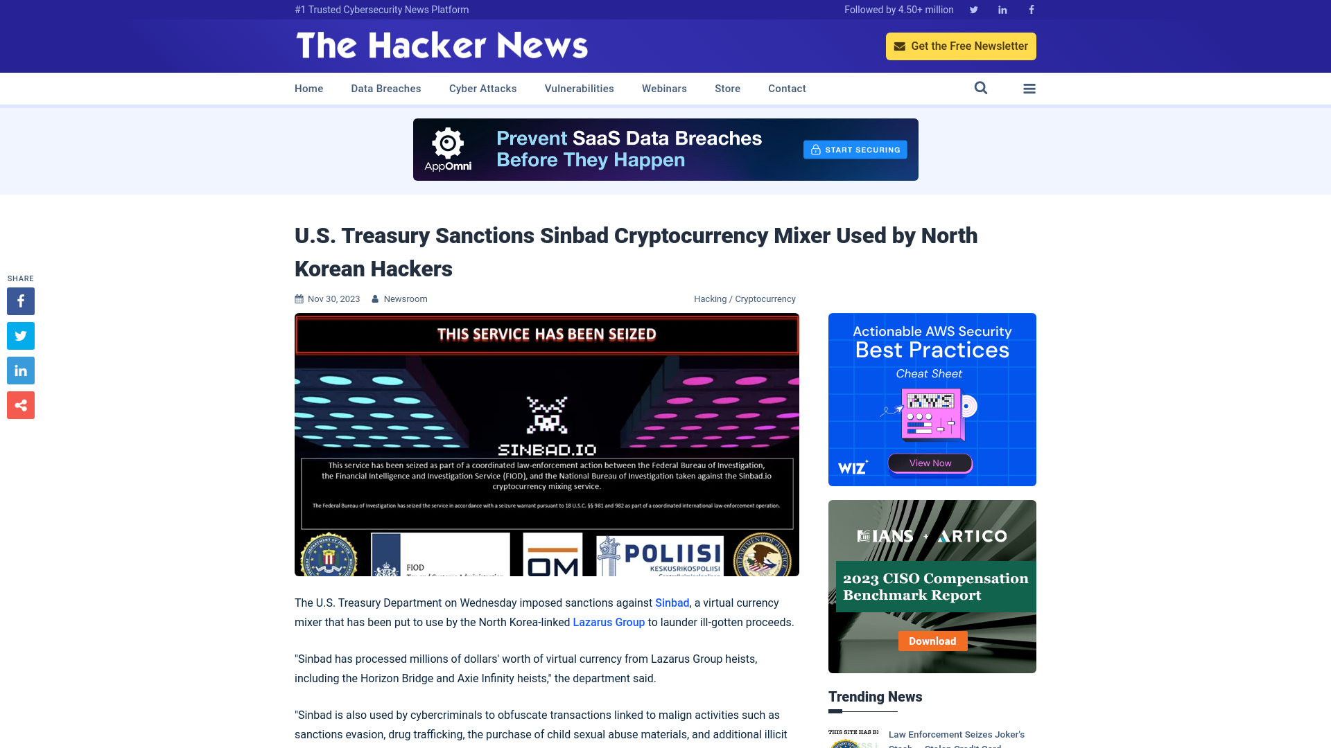 U.S. Treasury Sanctions Sinbad Cryptocurrency Mixer Used by North Korean Hackers