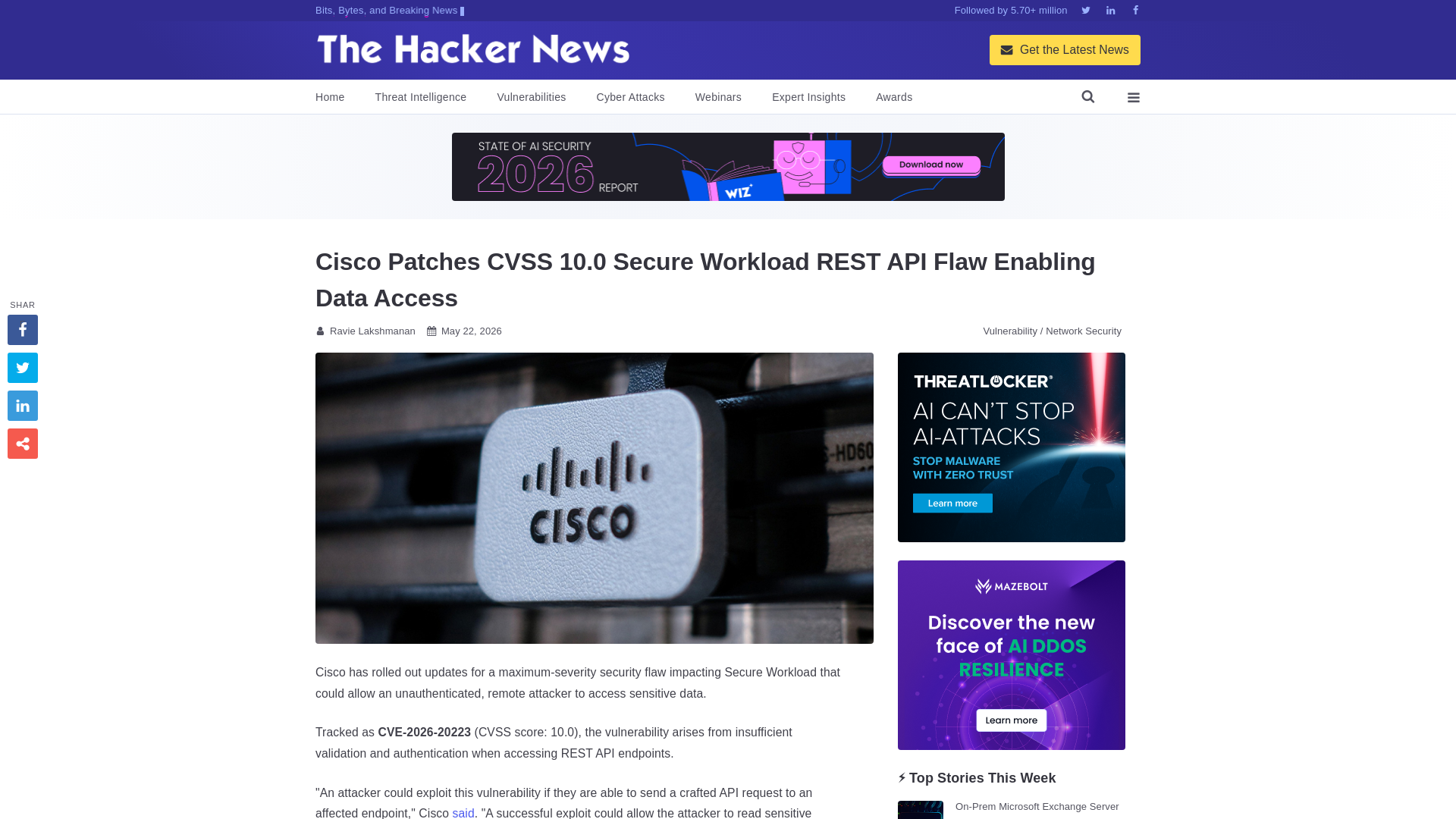 Cisco Patches CVSS 10.0 Secure Workload REST API Flaw Enabling Data Access