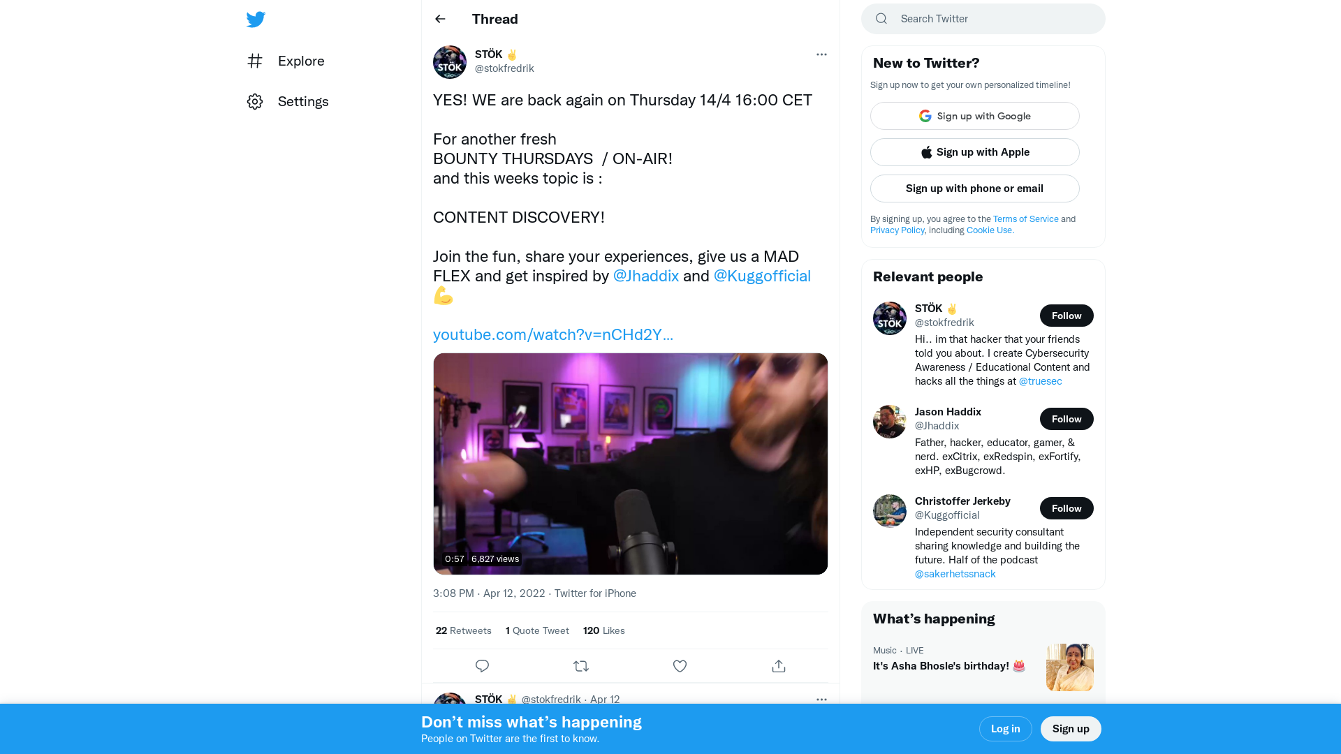 STÖK ✌️ on Twitter: "YES! WE are back again on Thursday 14/4 16:00 CET For another fresh BOUNTY THURSDAYS / ON-AIR! and this weeks topic is : CONTENT DISCOVERY! Join the fun, share your experiences, give us a MAD FLEX and get inspired by @Jhaddix and @Kuggofficial 💪 https://t.co/8WJZBH5YqH https://t.co/YWMsBmKE9z" / Twitter