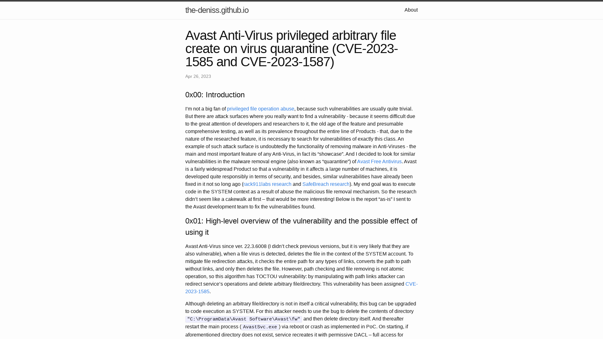 Avast Anti-Virus privileged arbitrary file create on virus quarantine (CVE-2023-1585 and CVE-2023-1587) | the-deniss.github.io