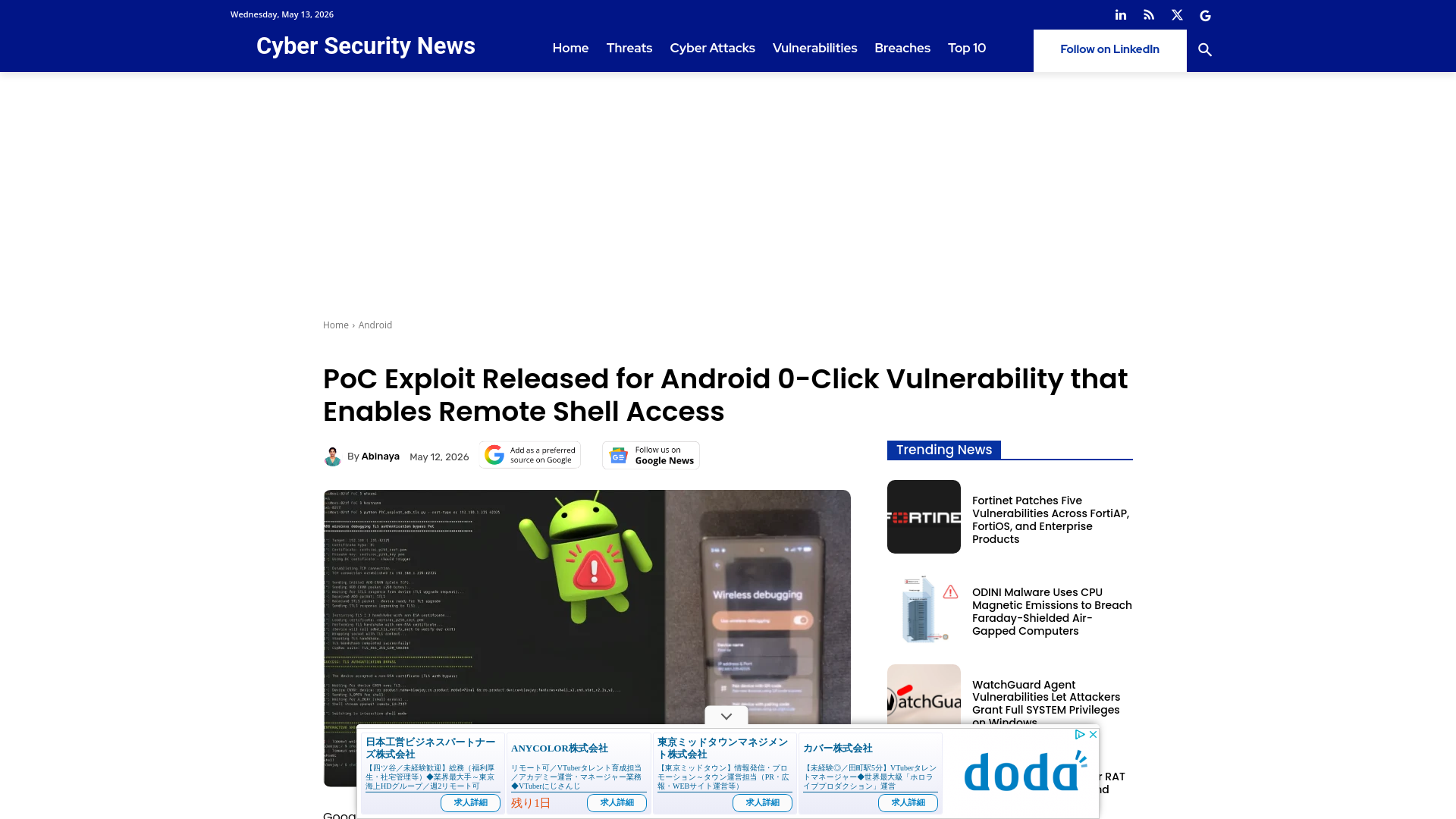 PoC Exploit Released for Android 0-Click Vulnerability that Enables Remote Shell Access
