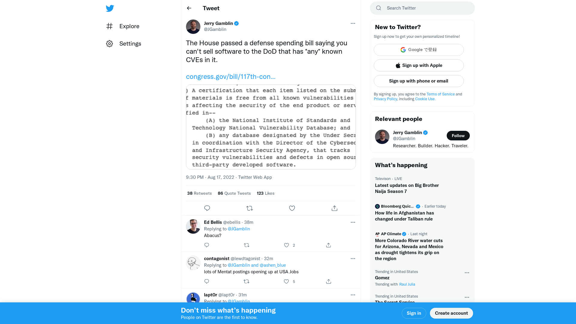 Jerry Gamblin on Twitter: "The House passed a defense spending bill saying you can't sell software to the DoD that has *any* known CVEs in it. https://t.co/6zO2pPgdwq https://t.co/FTzHwHbPP3" / Twitter