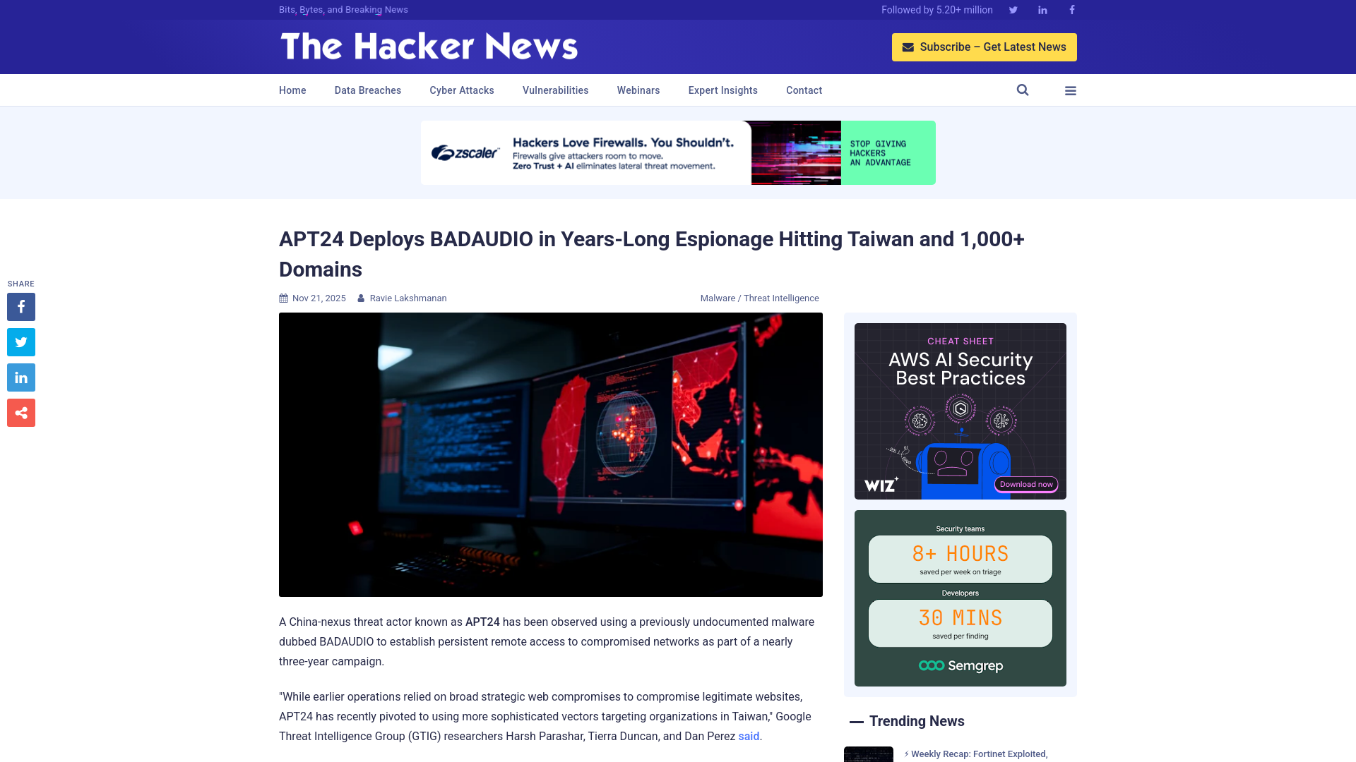 APT24 Deploys BADAUDIO in Years-Long Espionage Hitting Taiwan and 1,000+ Domains