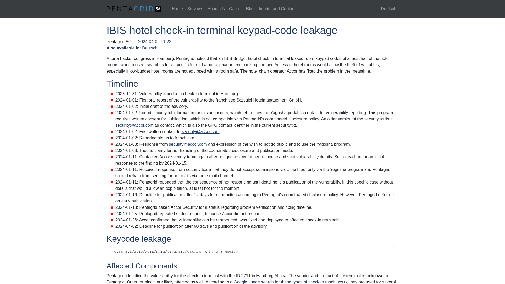 IBIS hotel check-in terminal keypad-code leakage | Pentagrid AG