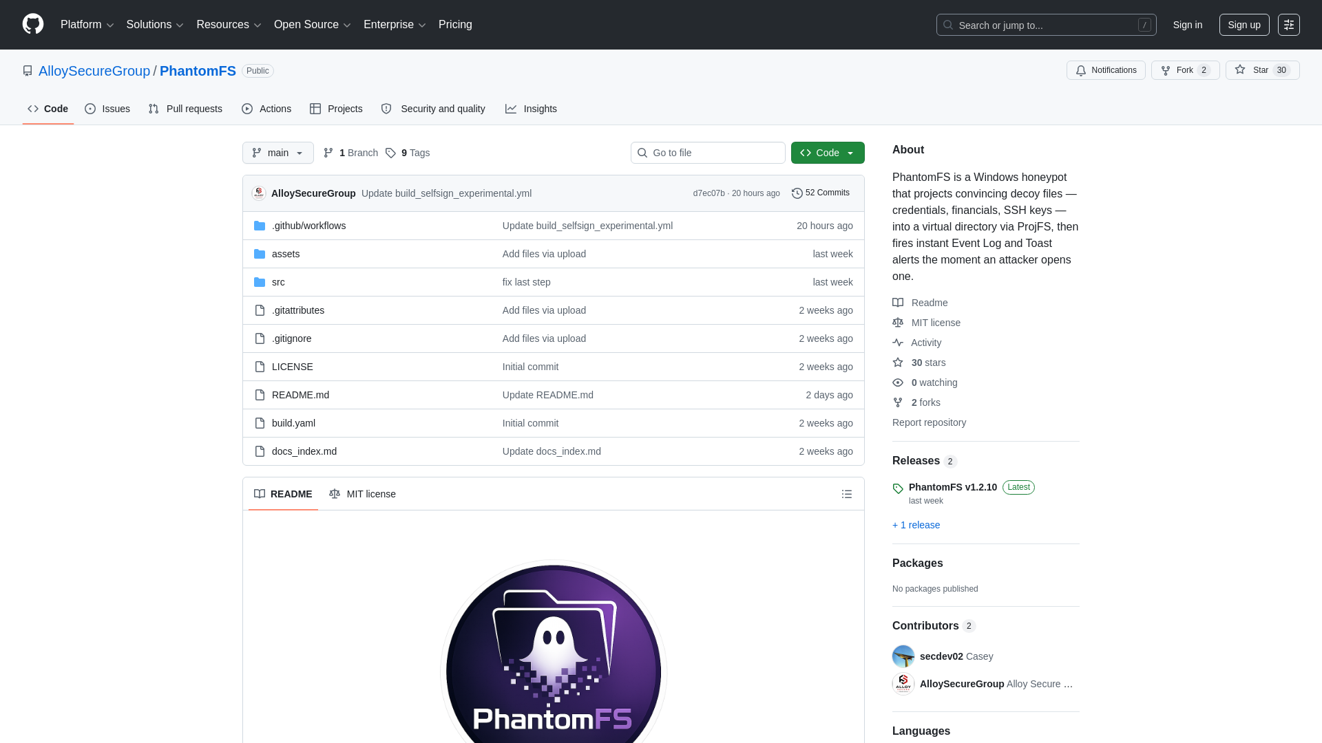 GitHub - AlloySecureGroup/PhantomFS: PhantomFS is a Windows honeypot that projects convincing decoy files — credentials, financials, SSH keys — into a virtual directory via ProjFS, then fires instant Event Log and Toast alerts the moment an attacker opens one. · GitHub