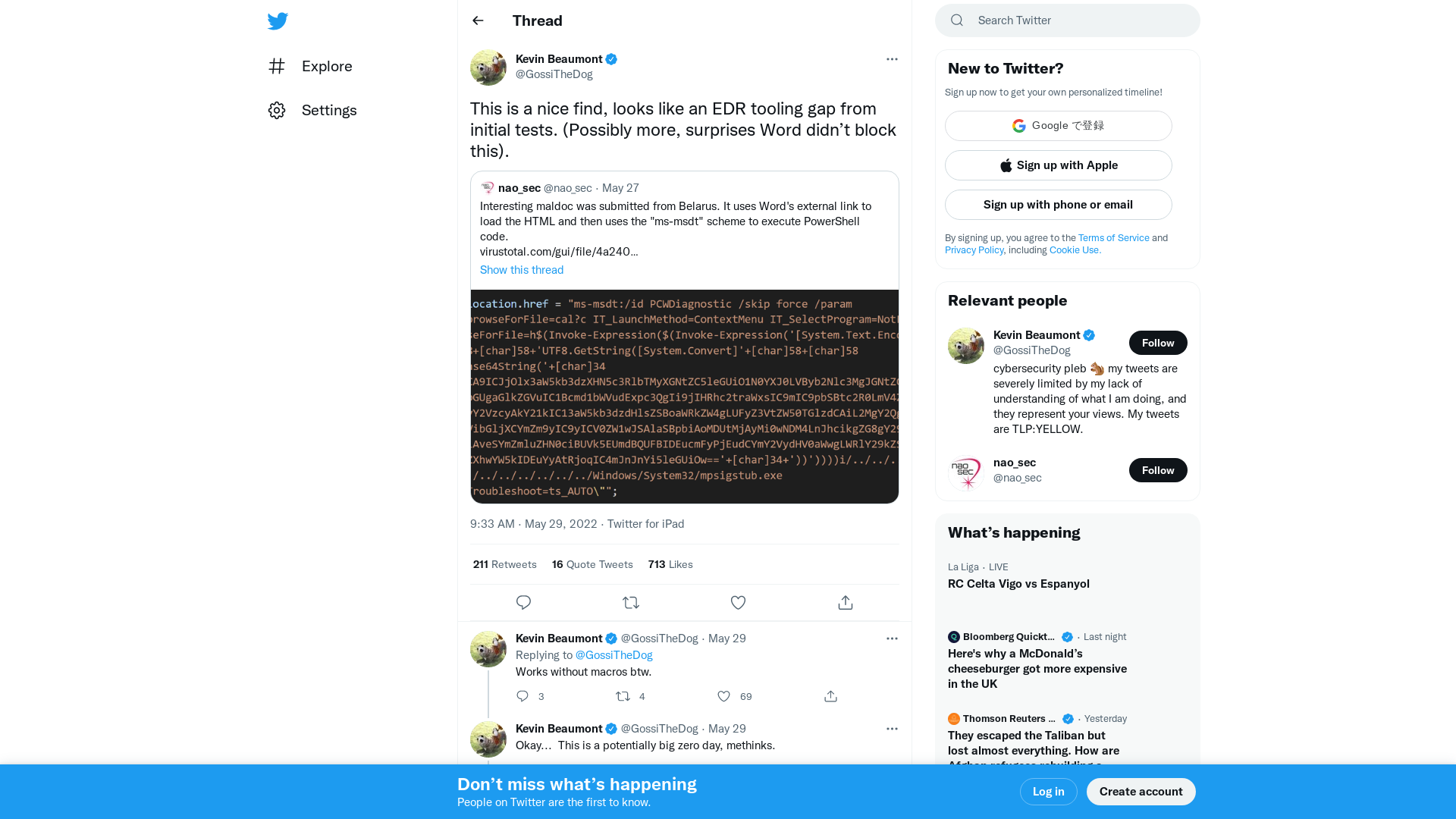 Kevin Beaumont on Twitter: "This is a nice find, looks like an EDR tooling gap from initial tests. (Possibly more, surprises Word didn’t block this)." / Twitter