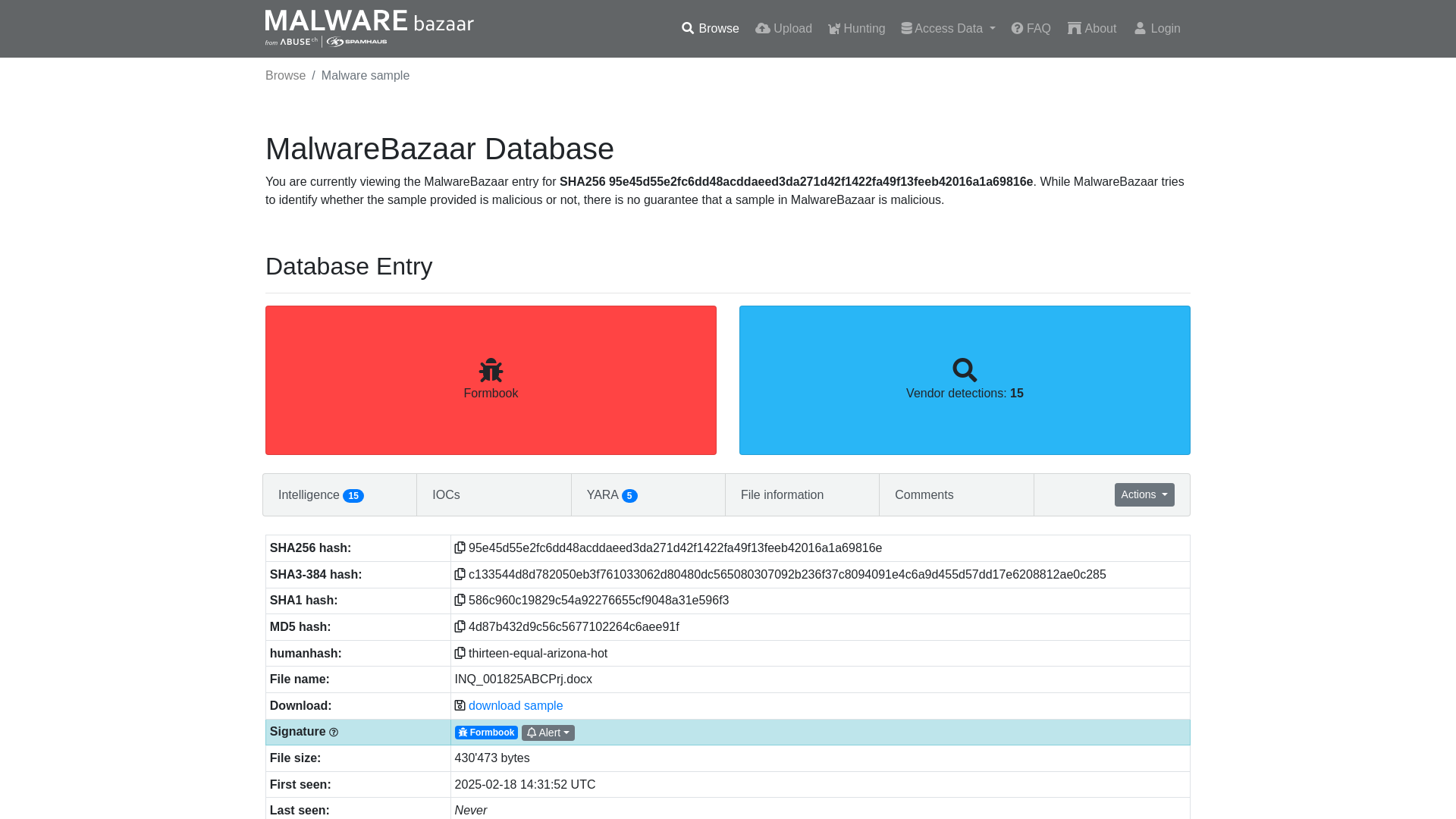 MalwareBazaar | SHA256 95e45d55e2fc6dd48acddaeed3da271d42f1422fa49f13feeb42016a1a69816e (Formbook)