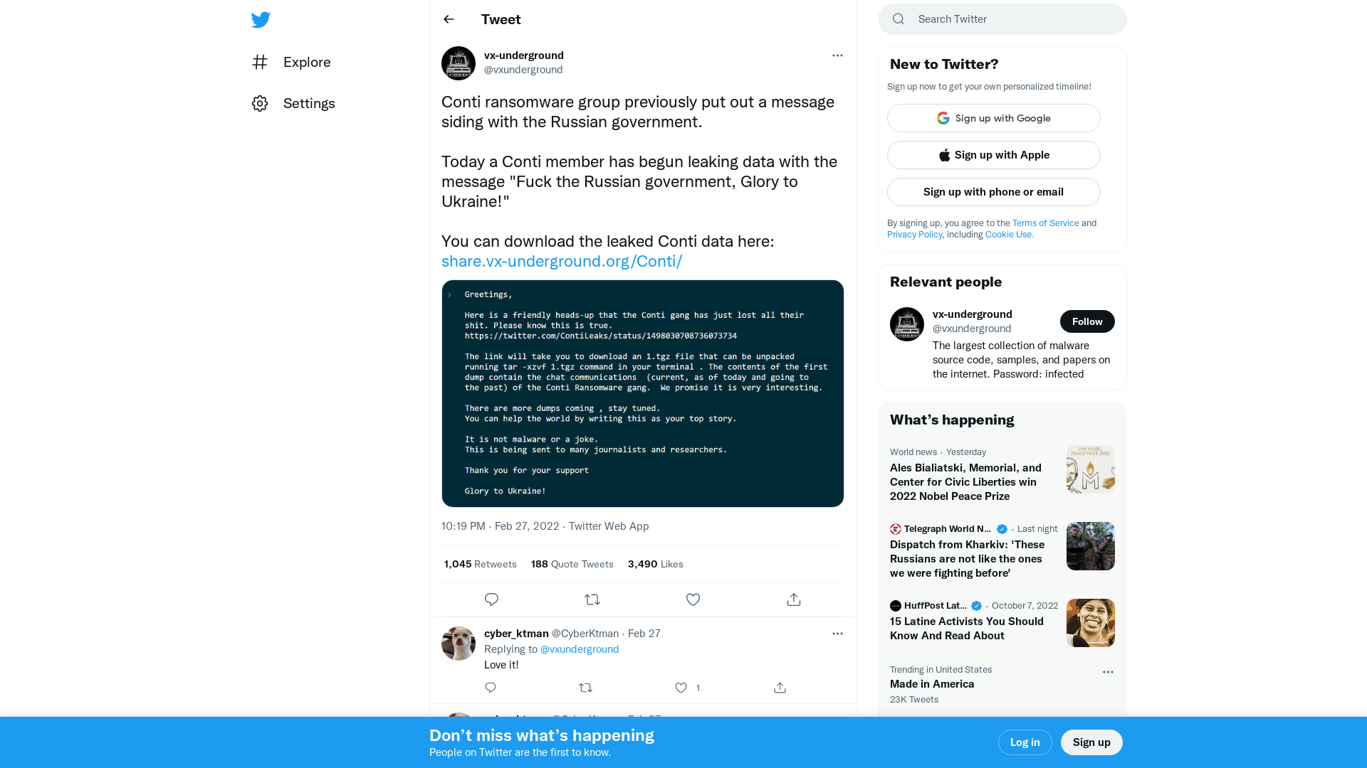vx-underground on Twitter: "Conti ransomware group previously put out a message siding with the Russian government. Today a Conti member has begun leaking data with the message "Fuck the Russian government, Glory to Ukraine!" You can download the leaked Conti data here: https://t.co/BDzHQU5mgw https://t.co/AL7BXnihza" / Twitter