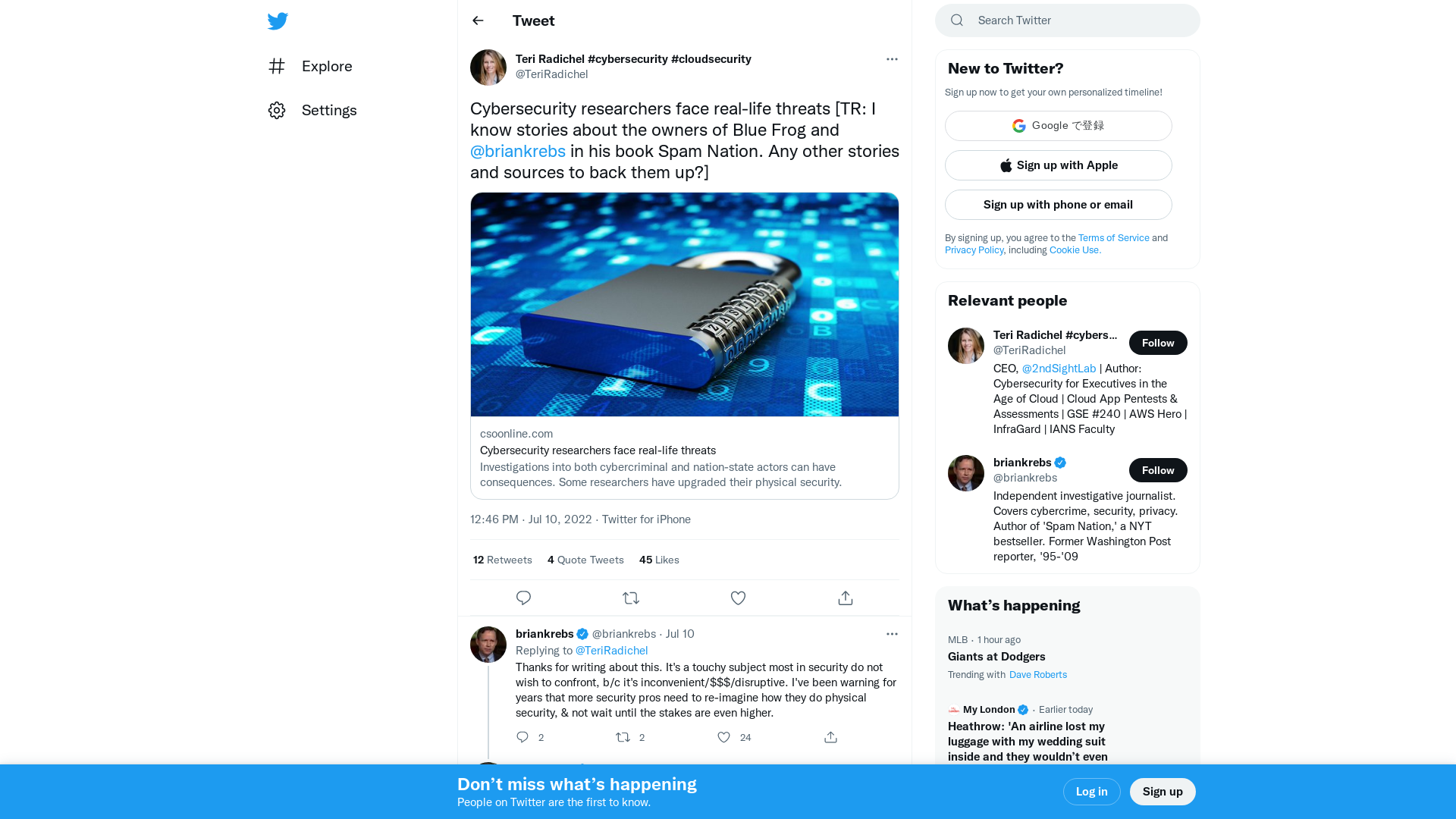 Teri Radichel #cybersecurity #cloudsecurity on Twitter: "Cybersecurity researchers face real-life threats [TR: I know stories about the owners of Blue Frog and ⁦@briankrebs⁩ in his book Spam Nation. Any other stories and sources to back them up?] https://t.co/8uP1tAiwrK" / Twitter