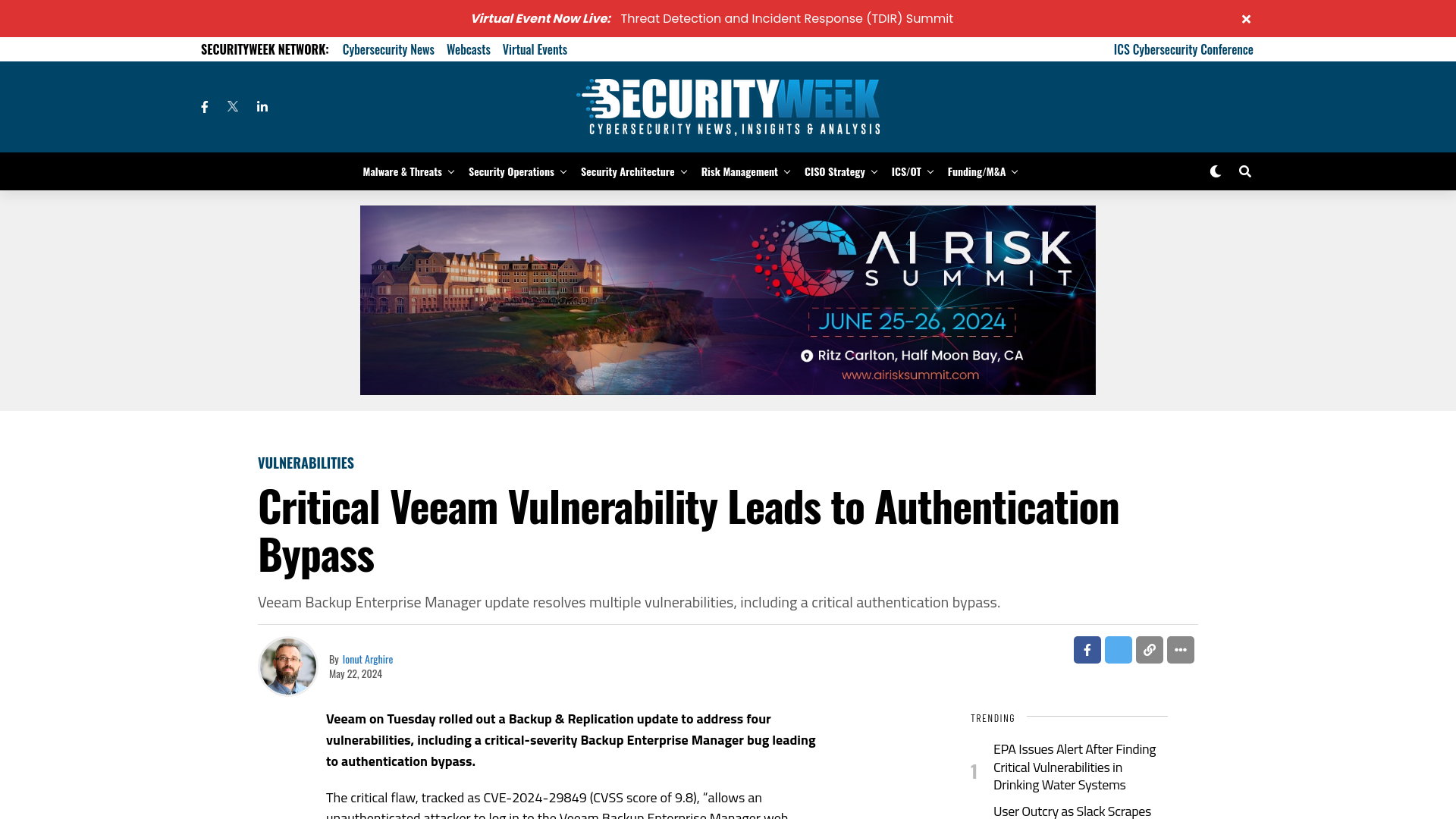 Critical Veeam Vulnerability Leads to Authentication Bypass - SecurityWeek