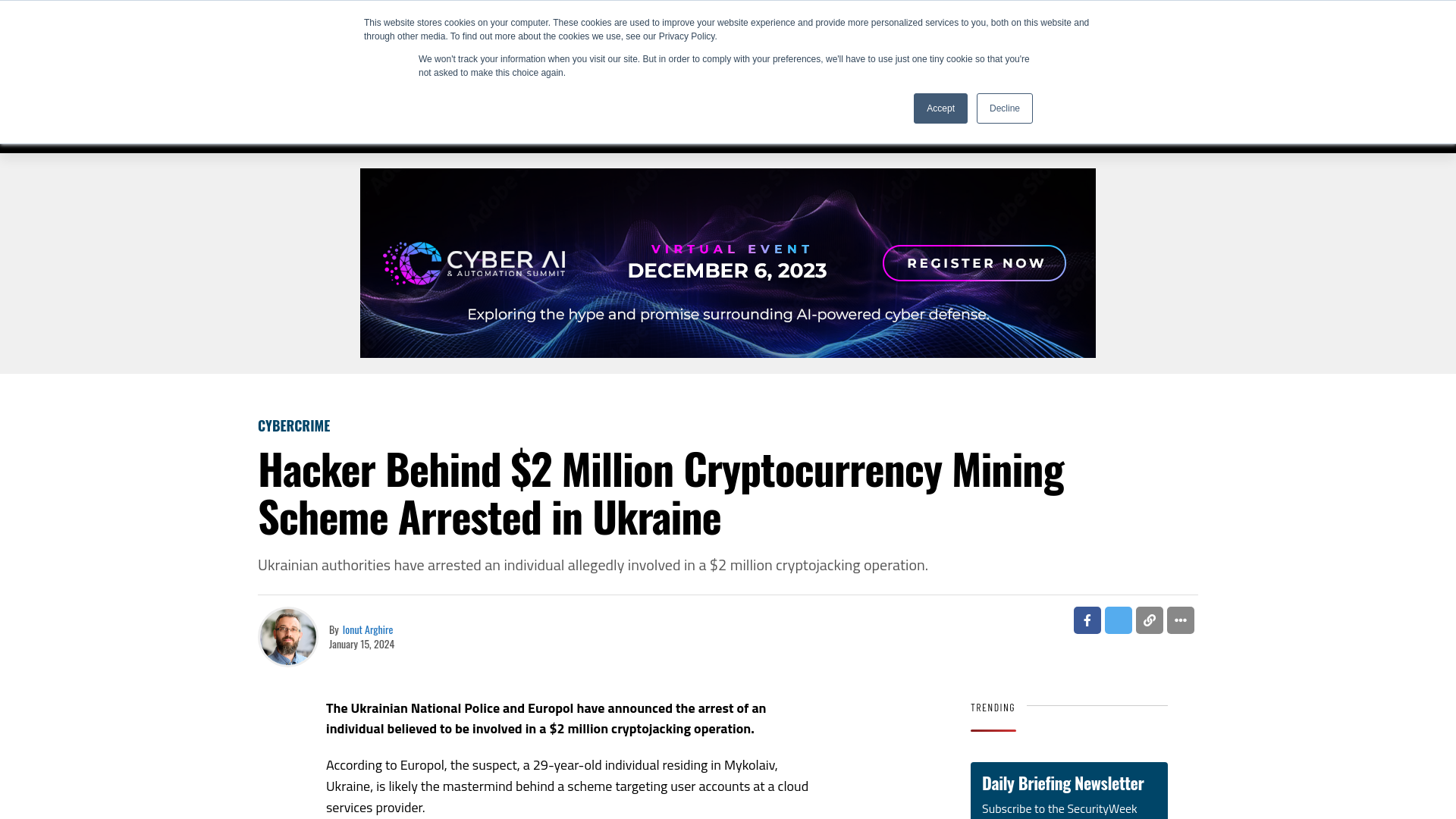 Hacker Behind $2 Million Cryptocurrency Mining Scheme Arrested in Ukraine - SecurityWeek