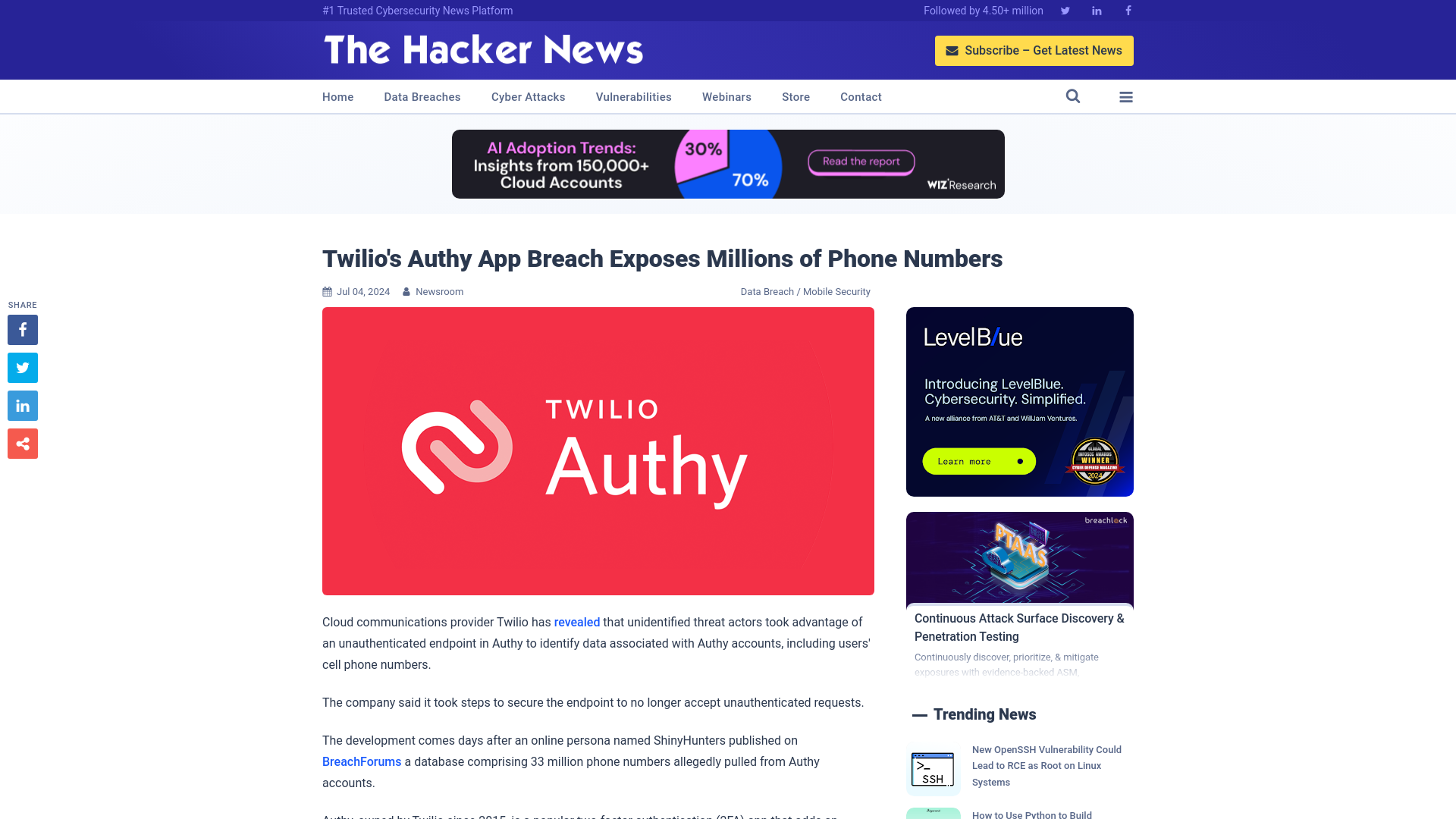 Twilio's Authy App Breach Exposes Millions of Phone Numbers