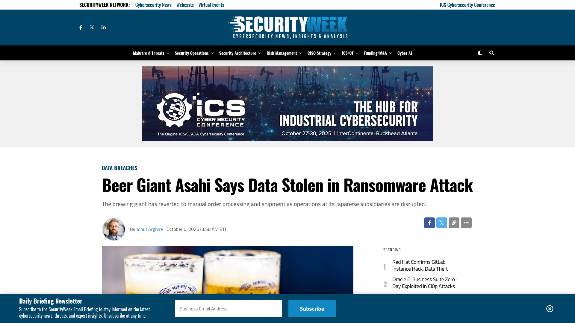 Beer Giant Asahi Says Data Stolen in Ransomware Attack - SecurityWeek