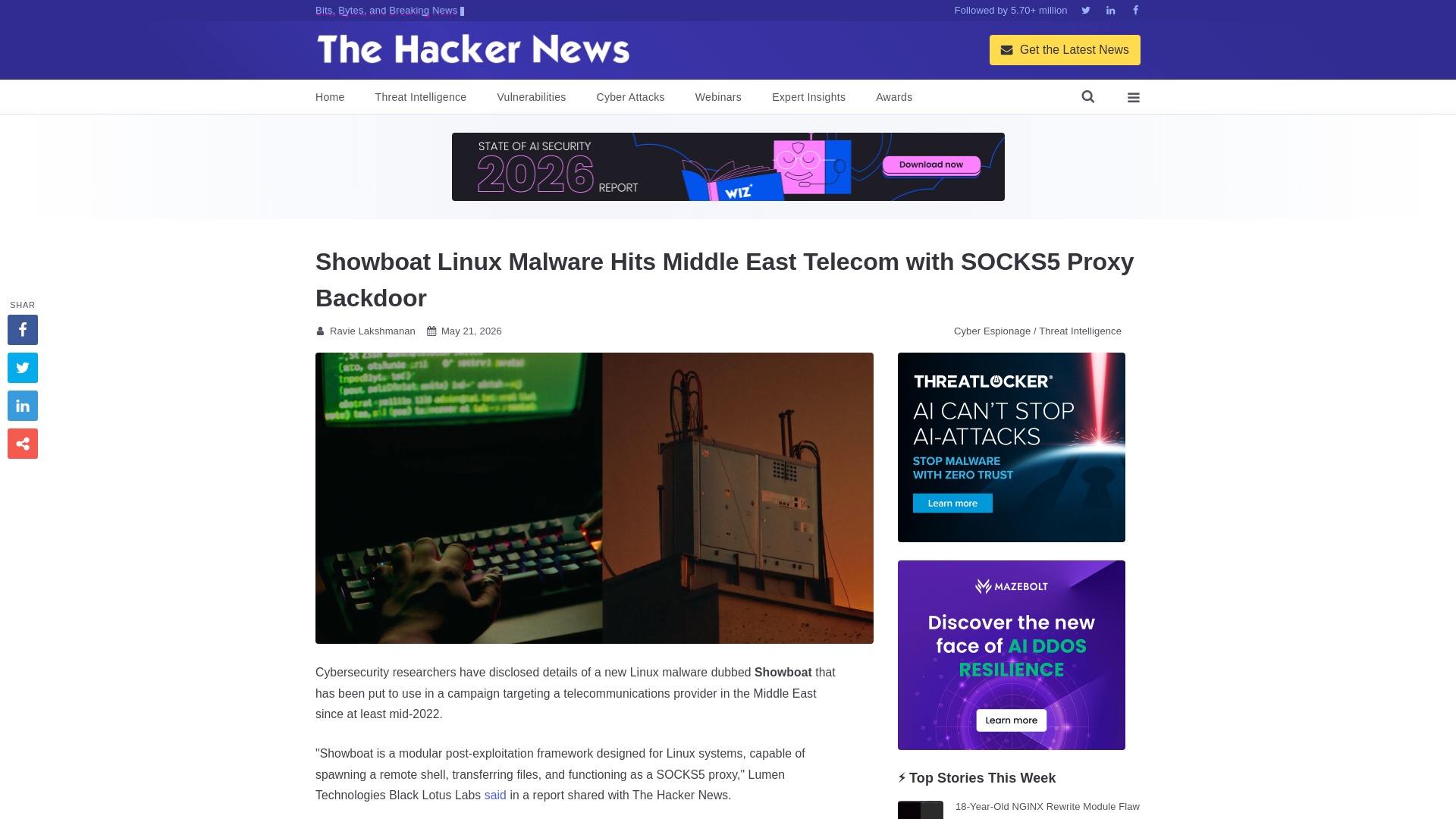 Showboat Linux Malware Hits Middle East Telecom with SOCKS5 Proxy Backdoor