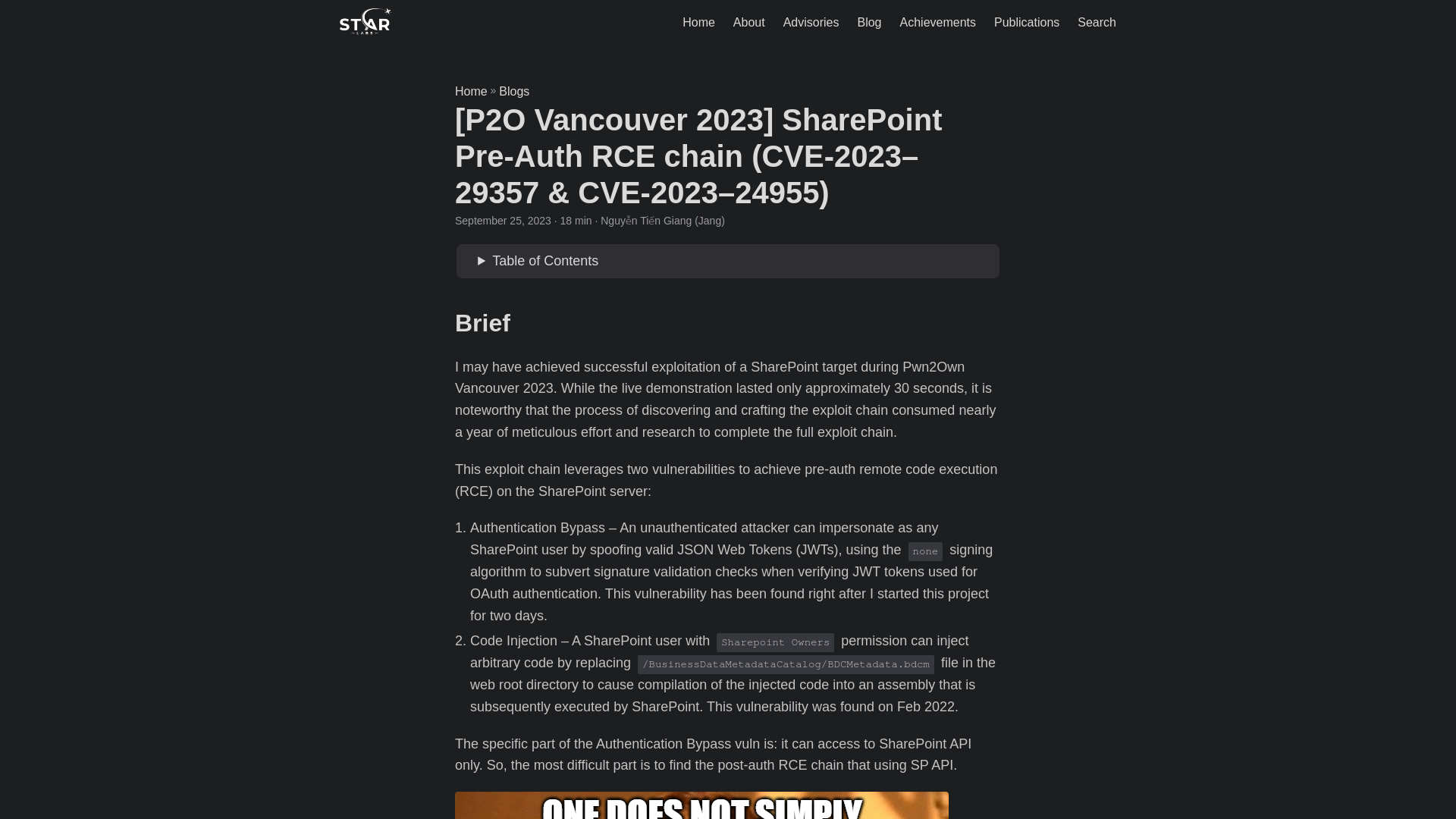 [P2O Vancouver 2023] SharePoint Pre-Auth RCE chain (CVE-2023–29357 & CVE-2023–24955) | STAR Labs