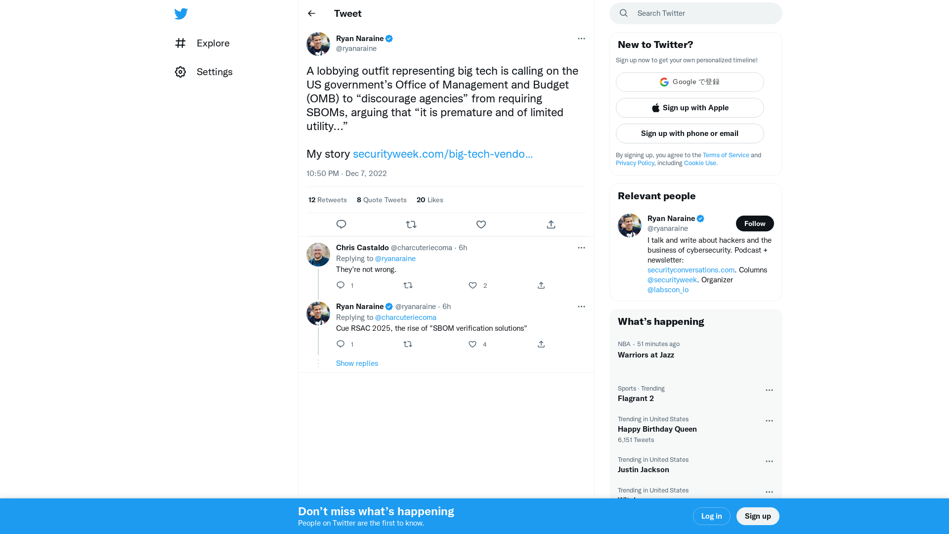 Ryan Naraine on Twitter: "A lobbying outfit representing big tech is calling on the US government’s Office of Management and Budget (OMB) to “discourage agencies” from requiring SBOMs, arguing that “it is premature and of limited utility...” My story https://t.co/iwENFTcBpf" / Twitter