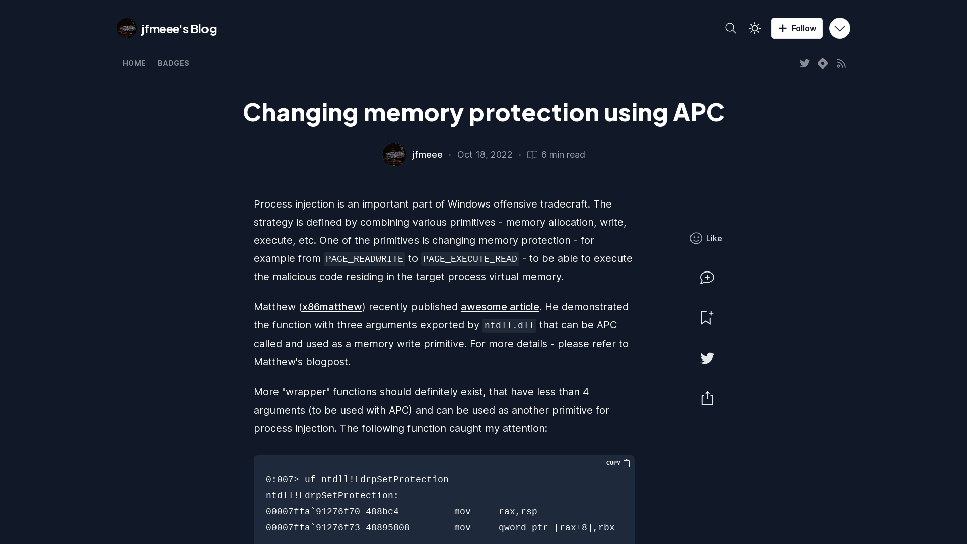 Changing memory protection using APC