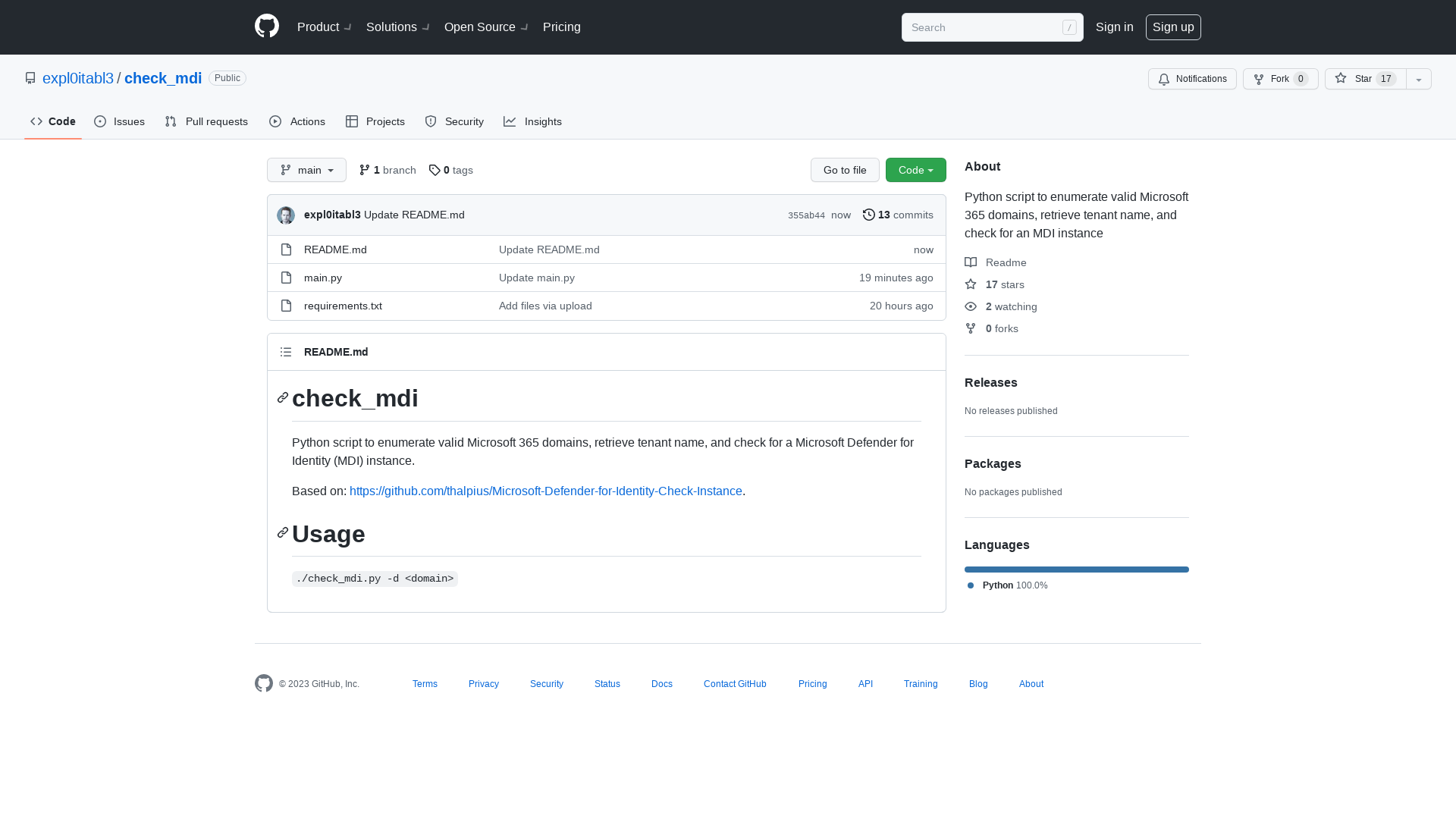 GitHub - expl0itabl3/check_mdi: Python script to enumerate valid Microsoft 365 domains, retrieve tenant name, and check for an MDI instance