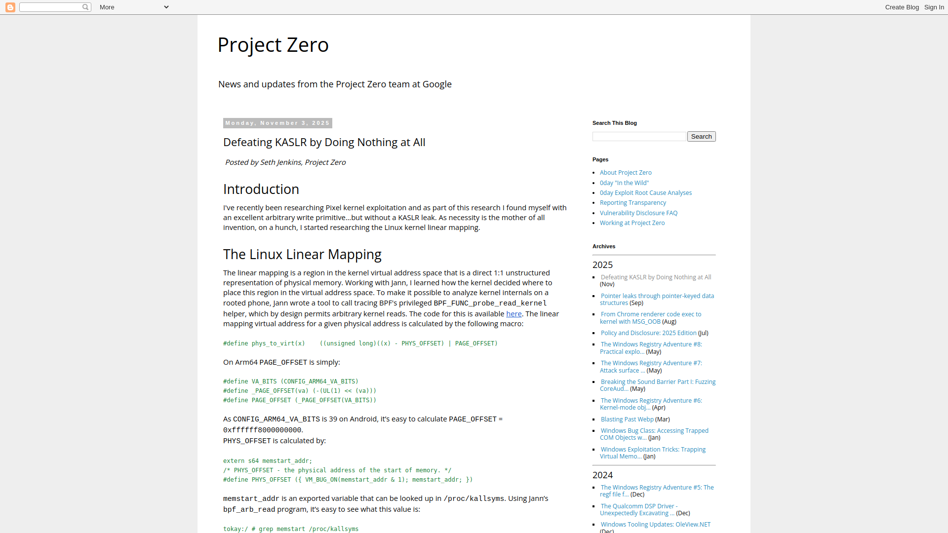 Project Zero: Defeating KASLR by Doing Nothing at All