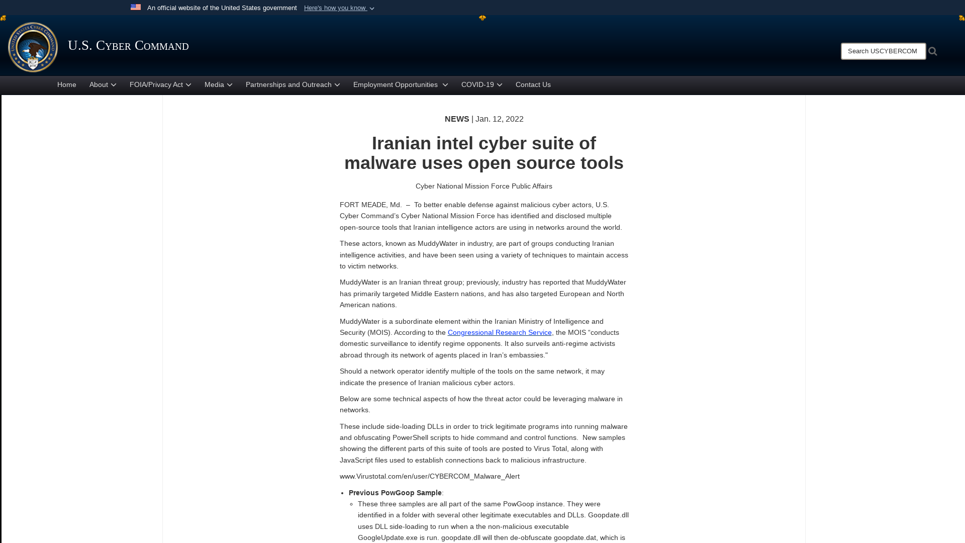 Iranian intel cyber suite of malware uses open source tools > U.S. Cyber Command > News