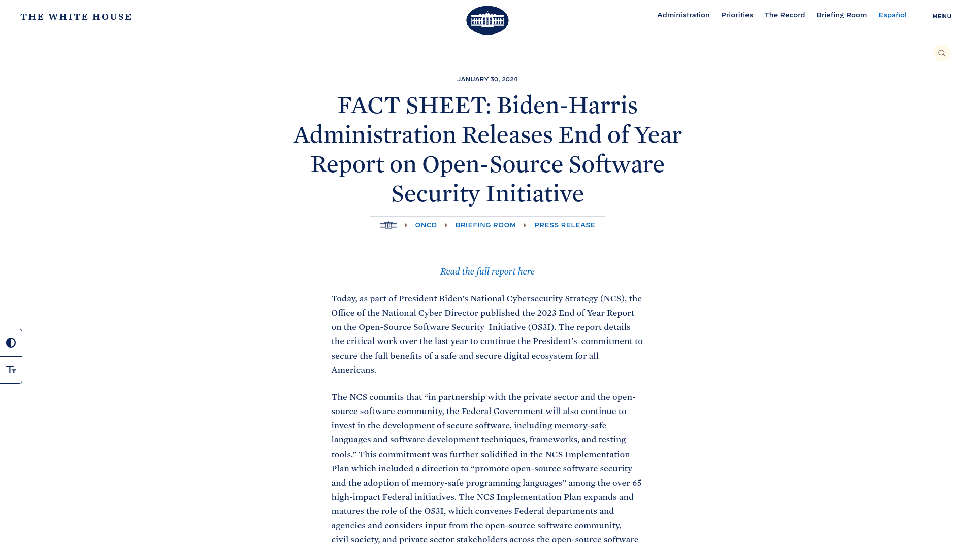 FACT SHEET: Biden-Harris Administration Releases End of Year Report on Open-Source Software Security Initiative | ONCD | The White House