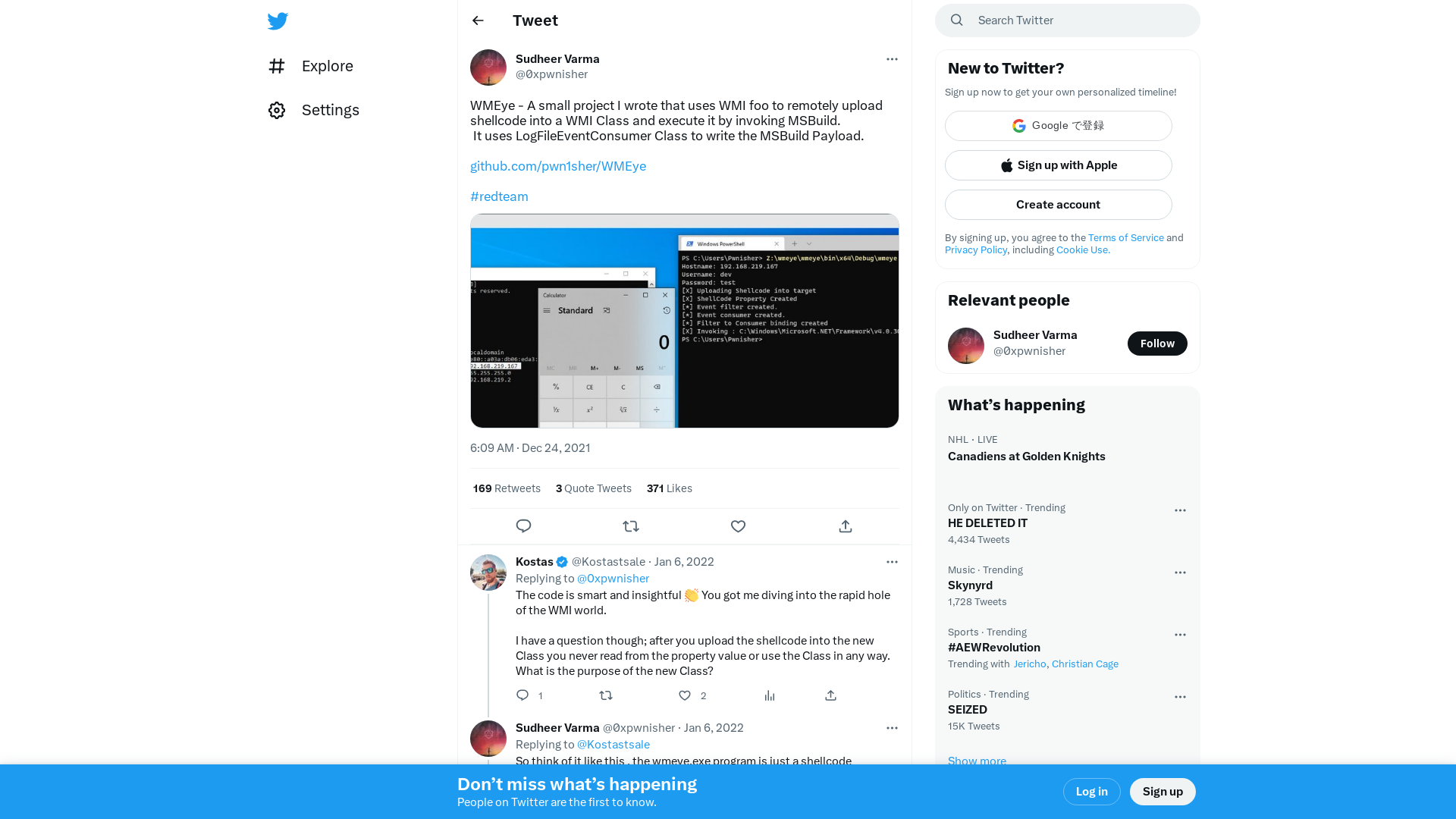 Sudheer Varma on Twitter: "WMEye - A small project I wrote that uses WMI foo to remotely upload shellcode into a WMI Class and execute it by invoking MSBuild. It uses LogFileEventConsumer Class to write the MSBuild Payload. https://t.co/hDw0zqGcbJ #redteam https://t.co/SG81zVwLjd" / Twitter