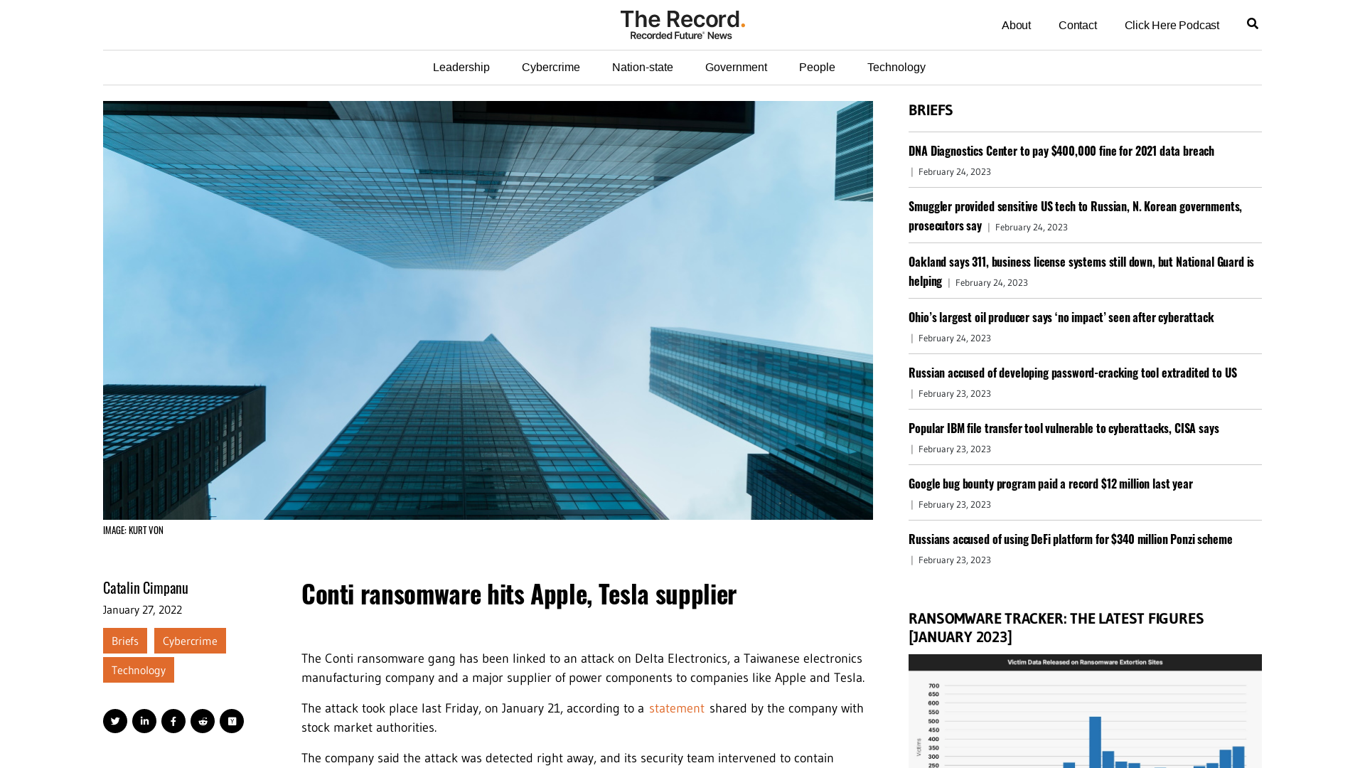 Conti ransomware hits Apple, Tesla supplier - The Record from Recorded Future News