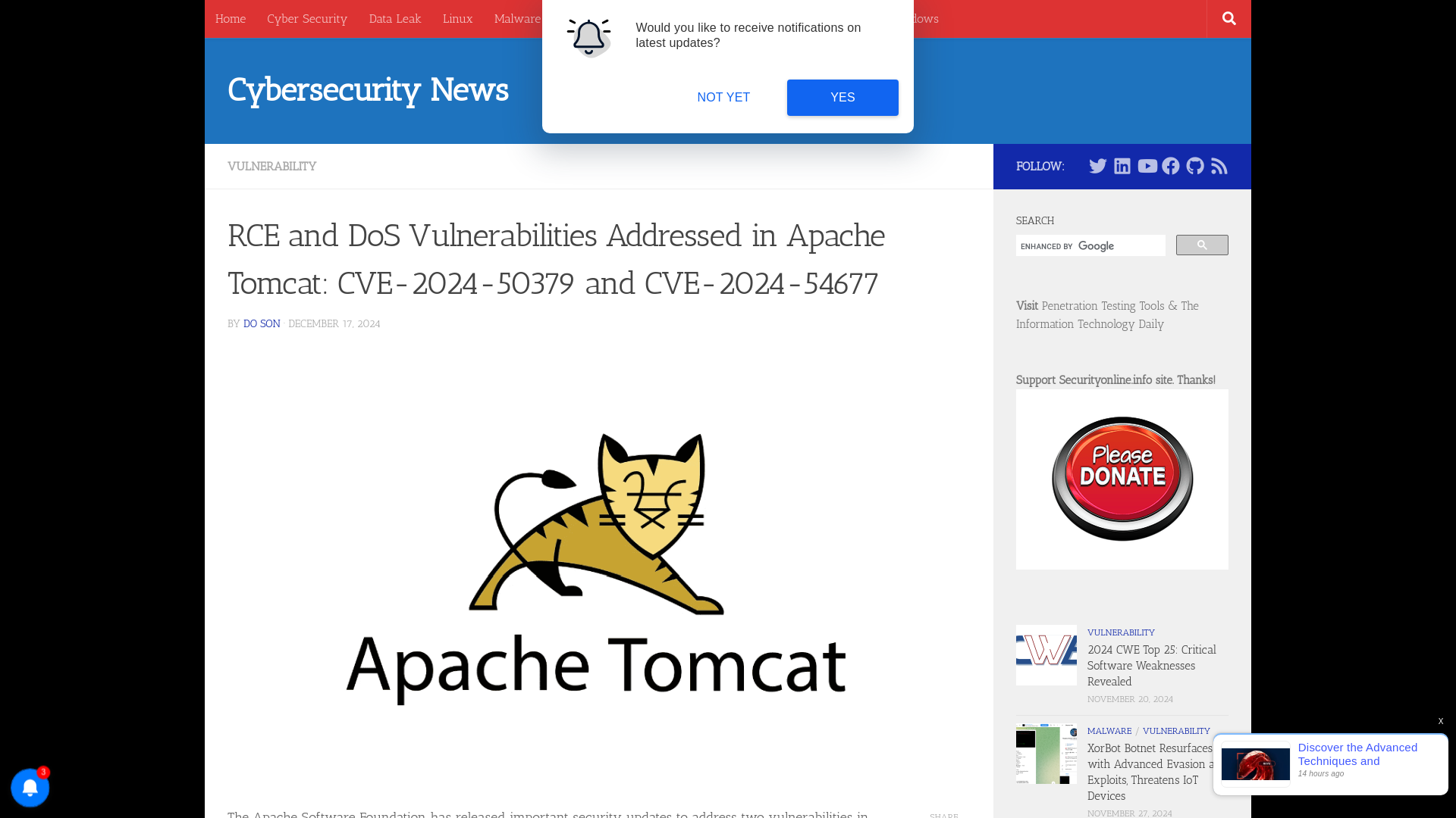 RCE and DoS Vulnerabilities Addressed in Apache Tomcat: CVE-2024-50379 and CVE-2024-54677