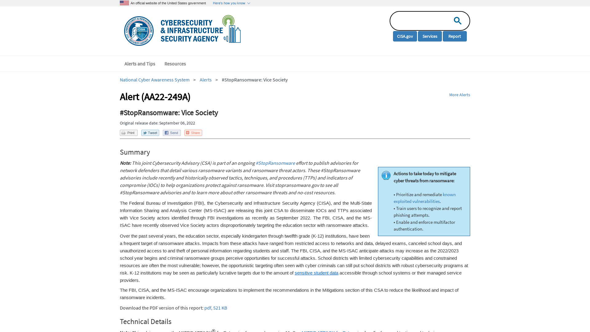 #StopRansomware: Vice Society | CISA