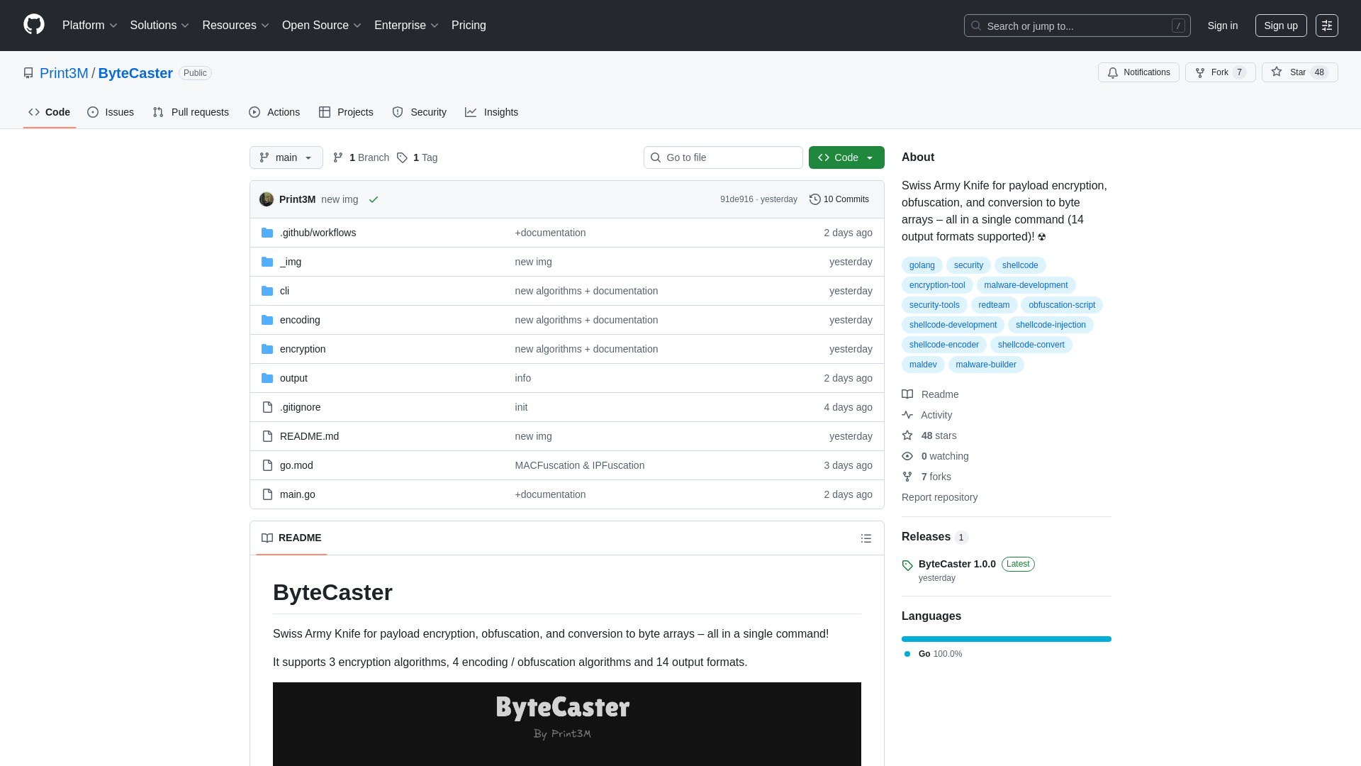 GitHub - Print3M/ByteCaster: Swiss Army Knife for payload encryption, obfuscation, and conversion to byte arrays – all in a single command (14 output formats supported)! ☢️