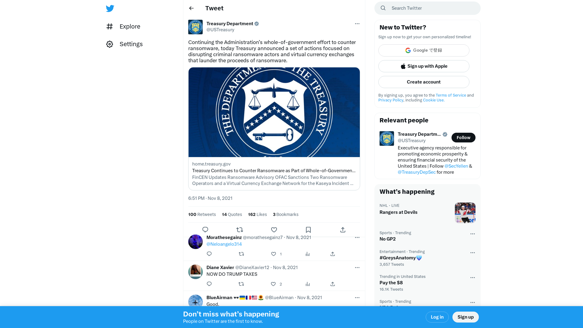 Treasury Department on Twitter: "Continuing the Administration’s whole-of-government effort to counter ransomware, today Treasury announced a set of actions focused on disrupting criminal ransomware actors and virtual currency exchanges that launder the proceeds of ransomware. https://t.co/vfL5WHQAMc" / Twitter