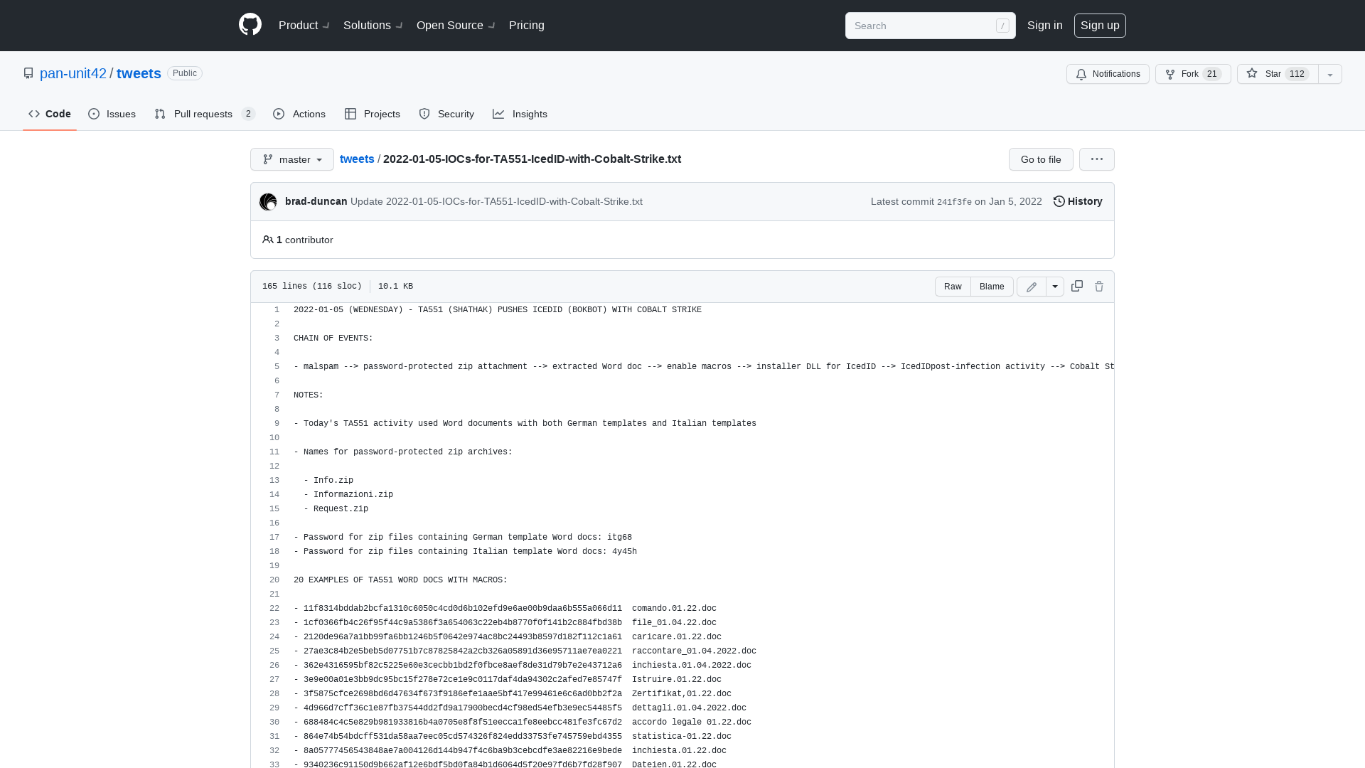 tweets/2022-01-05-IOCs-for-TA551-IcedID-with-Cobalt-Strike.txt at master · pan-unit42/tweets · GitHub