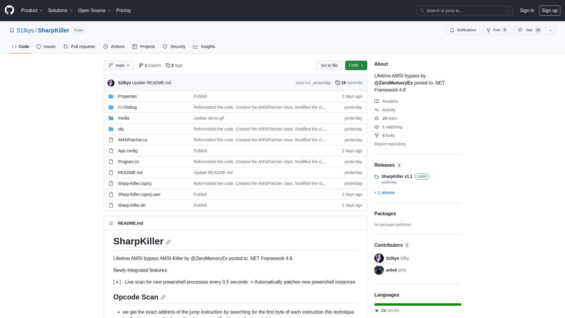 GitHub - S1lkys/SharpKiller: Lifetime AMSI bypass by @ZeroMemoryEx ported to .NET Framework 4.8