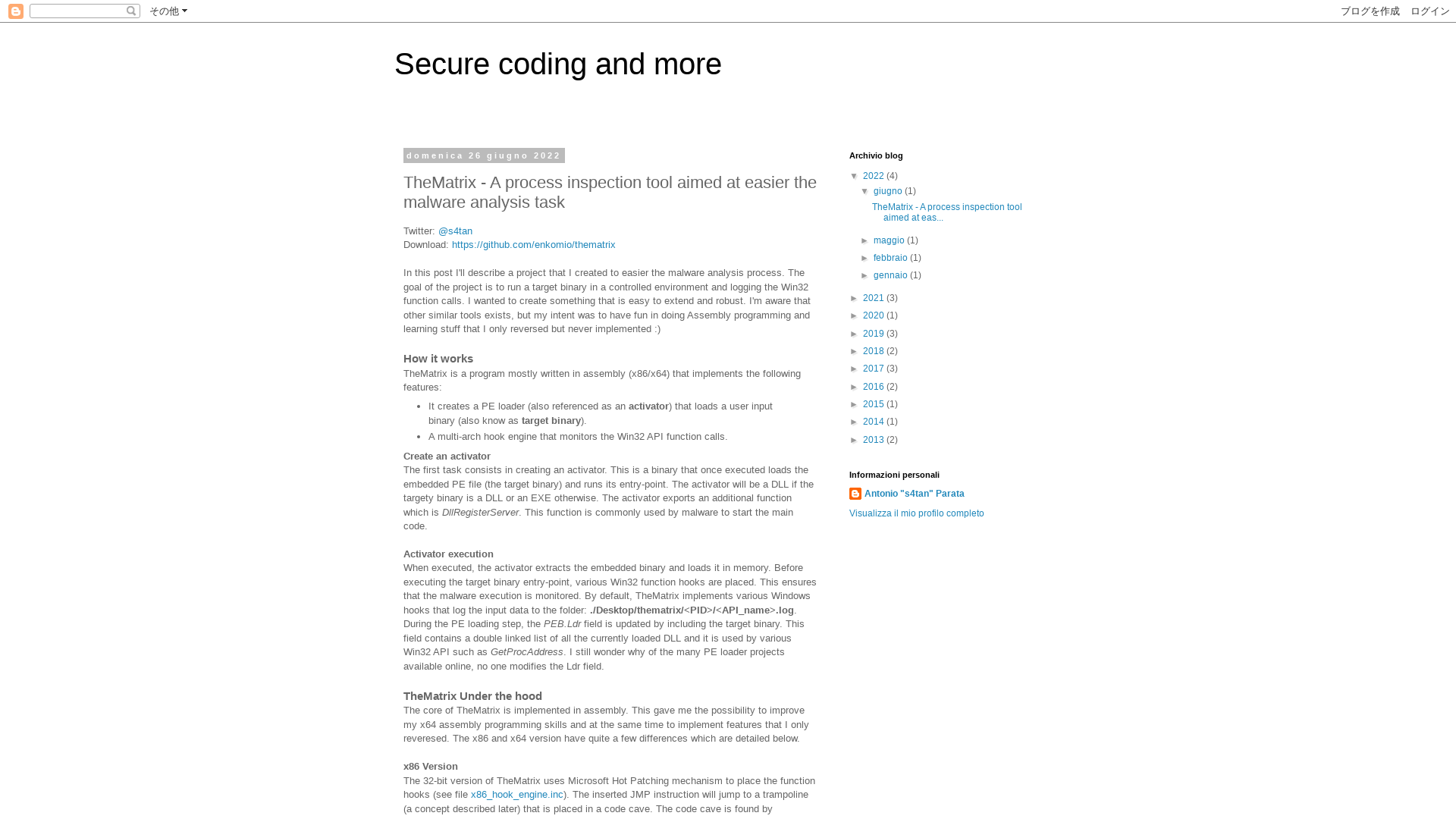 Secure coding and more: TheMatrix - A process inspection tool aimed at easier the malware analysis task