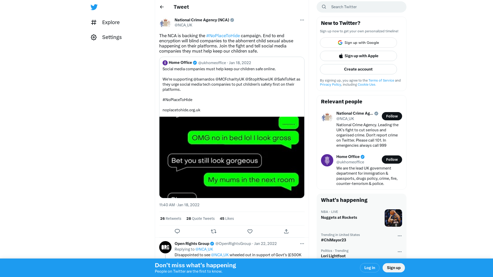 National Crime Agency (NCA) on Twitter: "The NCA is backing the #NoPlaceToHide campaign. End to end encryption will blind companies to the abhorrent child sexual abuse happening on their platforms. Join the fight and tell social media companies they must help keep our children safe." / Twitter