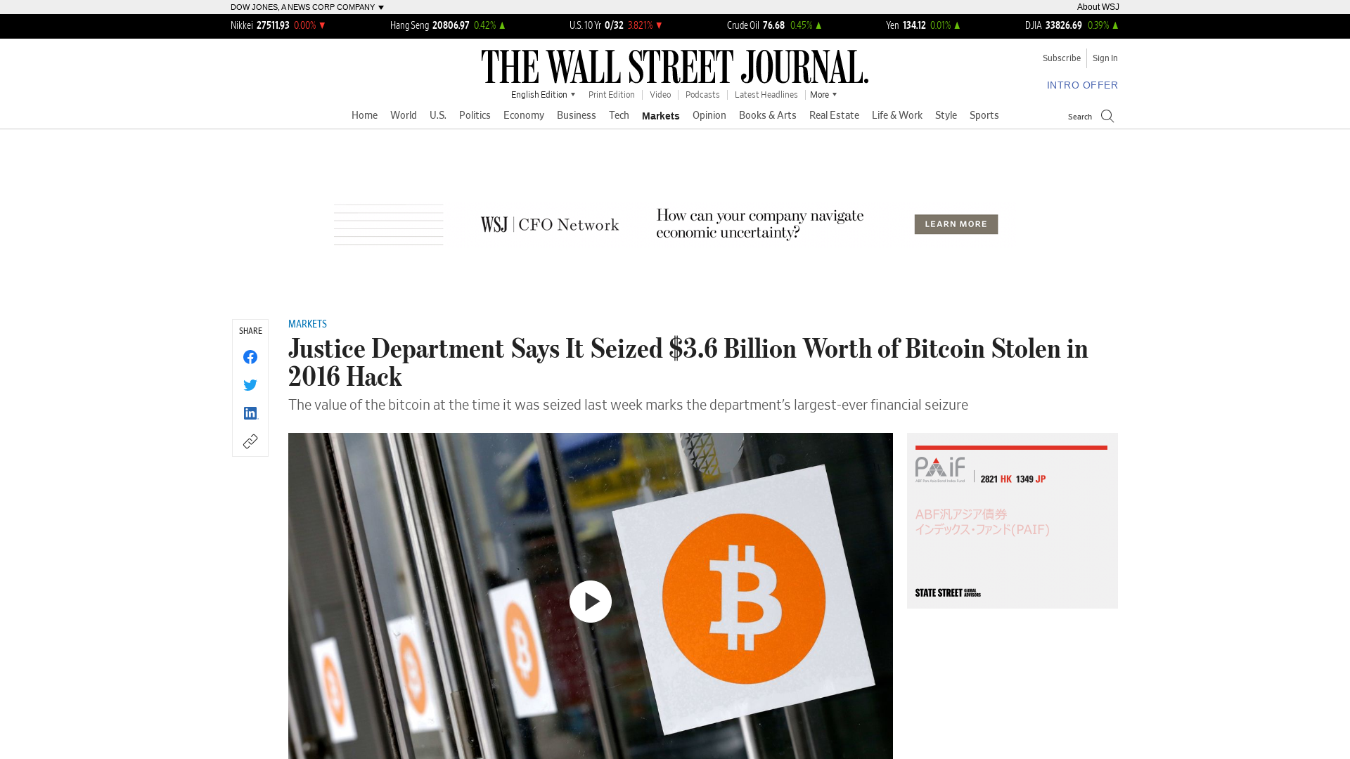 Justice Department Says It Seized $3.6 Billion Worth of Bitcoin Stolen in 2016 Hack - WSJ