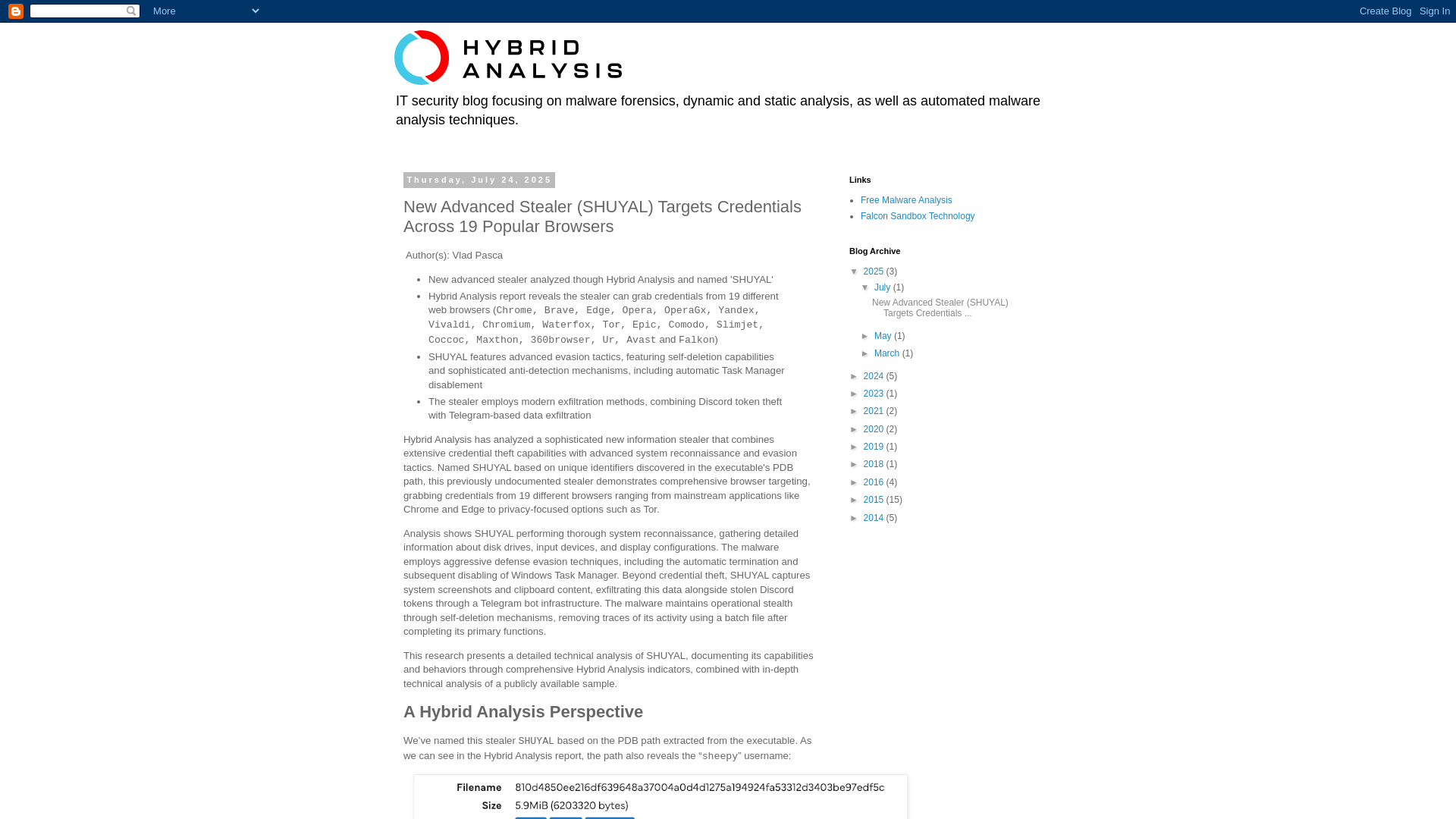 Hybrid Analysis Blog: New Advanced Stealer (SHUYAL) Targets Credentials Across 19 Popular Browsers