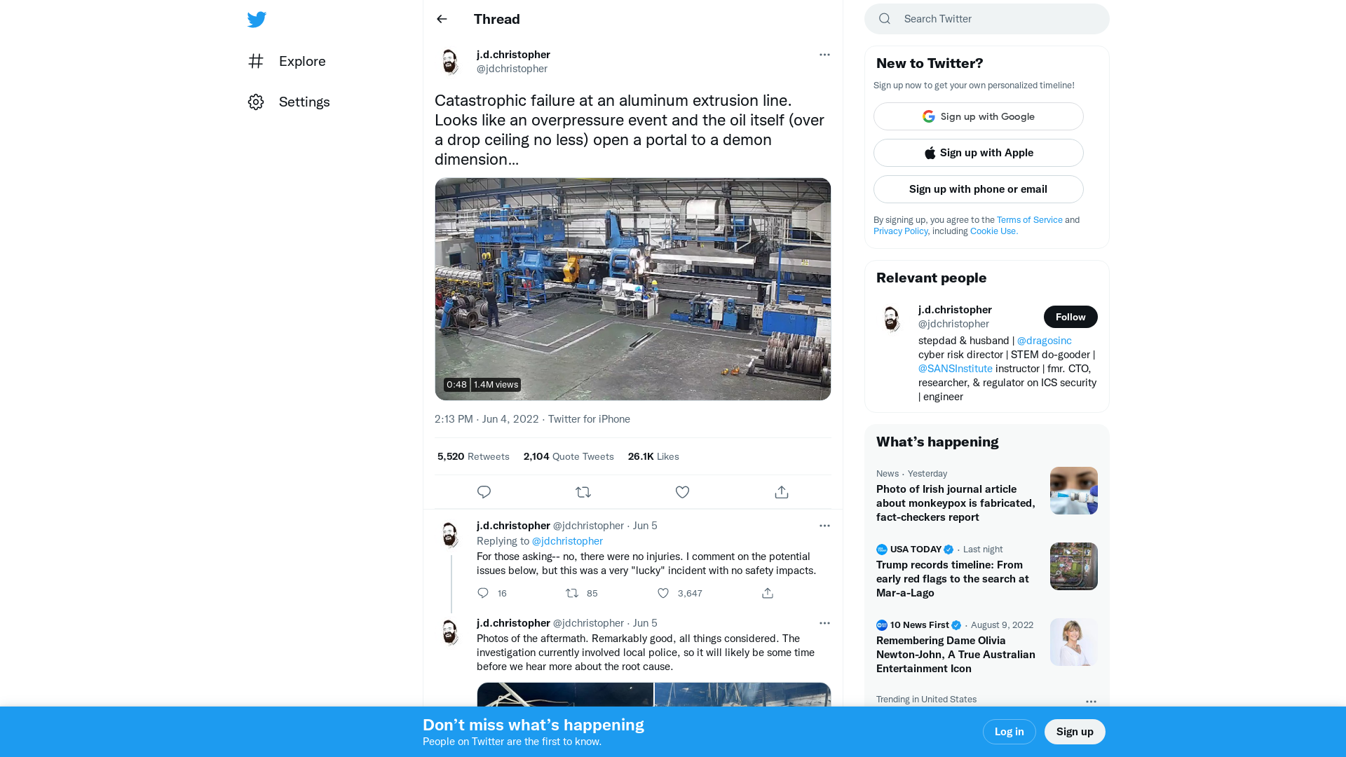 j.d.christopher on Twitter: "Catastrophic failure at an aluminum extrusion line. Looks like an overpressure event and the oil itself (over a drop ceiling no less) open a portal to a demon dimension… https://t.co/VQeM0f85Mw" / Twitter