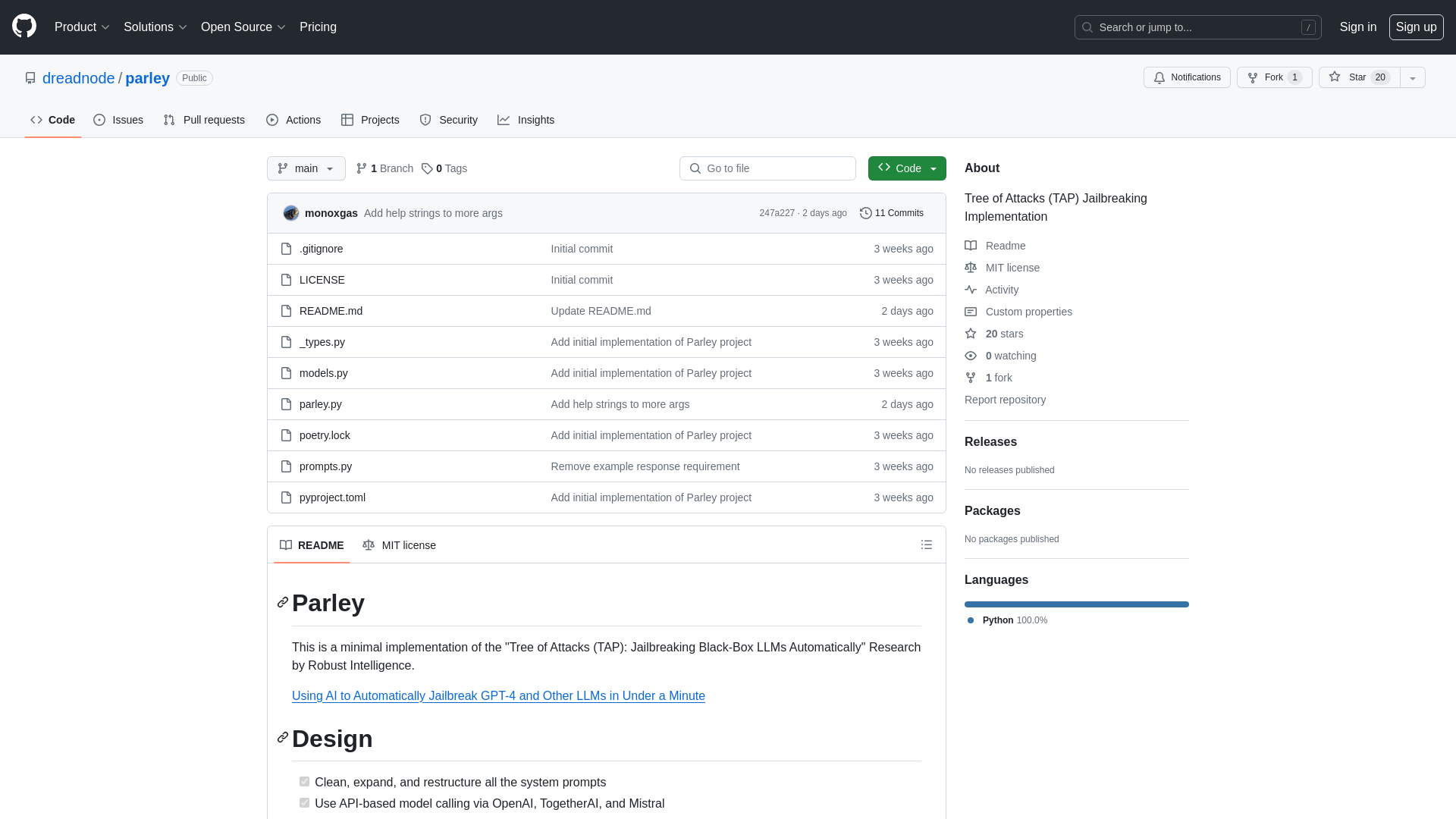 GitHub - dreadnode/parley: Tree of Attacks (TAP) Jailbreaking Implementation