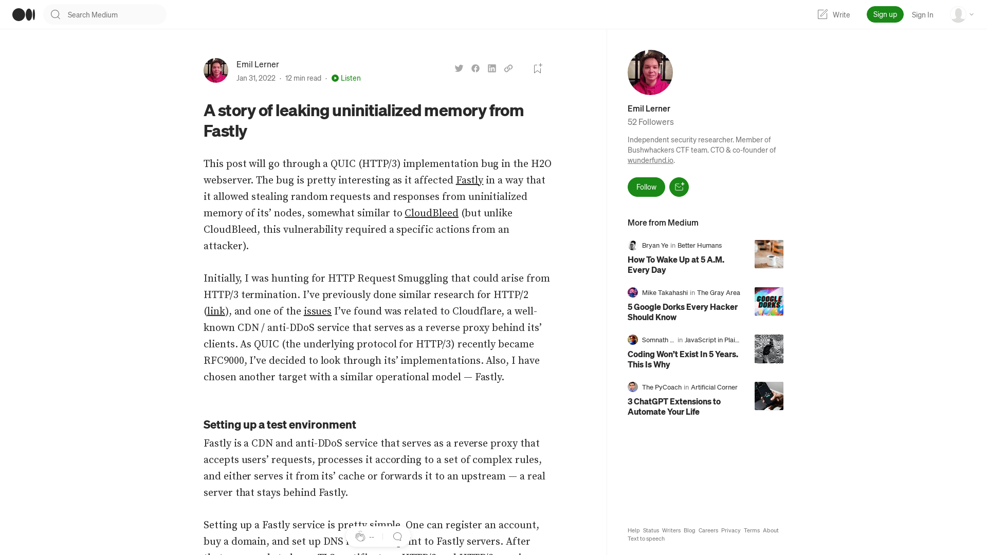 A story of leaking uninitialized memory from Fastly | by Emil Lerner | Medium