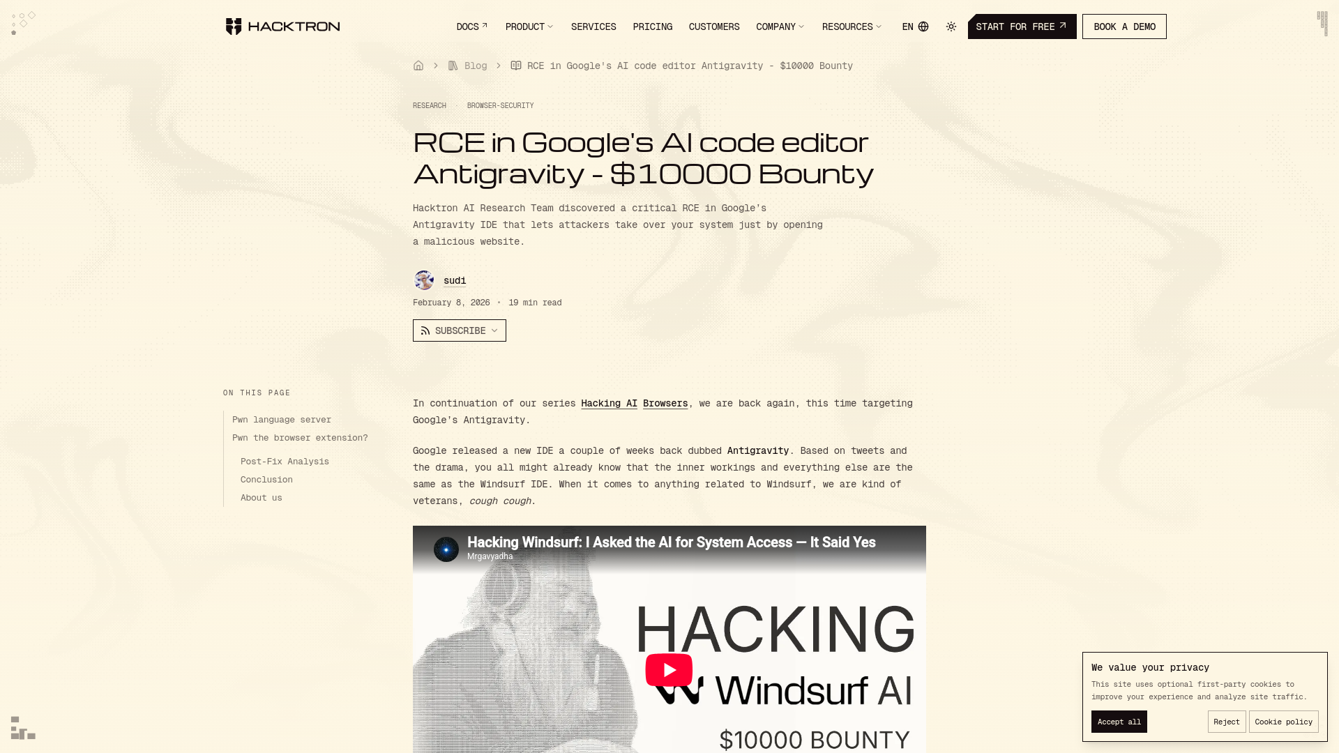 RCE in Google's AI code editor Antigravity - $10000 Bounty | Hacktron AI