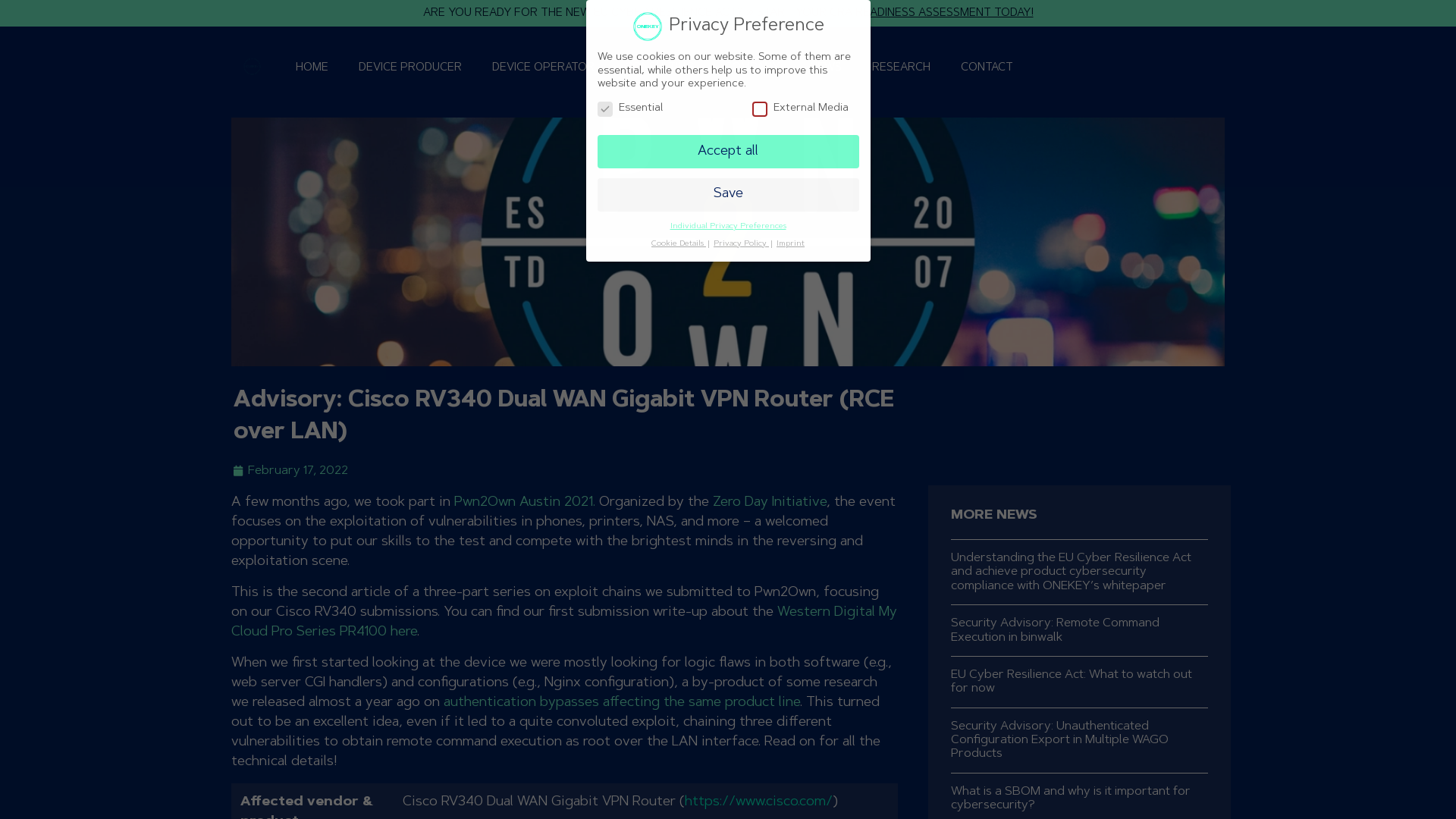 Advisory: Cisco RV340 Dual WAN Gigabit VPN Router (RCE over LAN) - ONEKEY