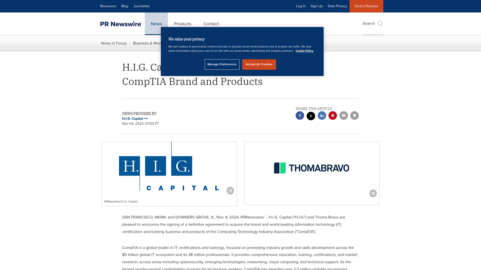 H.I.G. Capital and Thoma Bravo to Acquire CompTIA Brand and Products