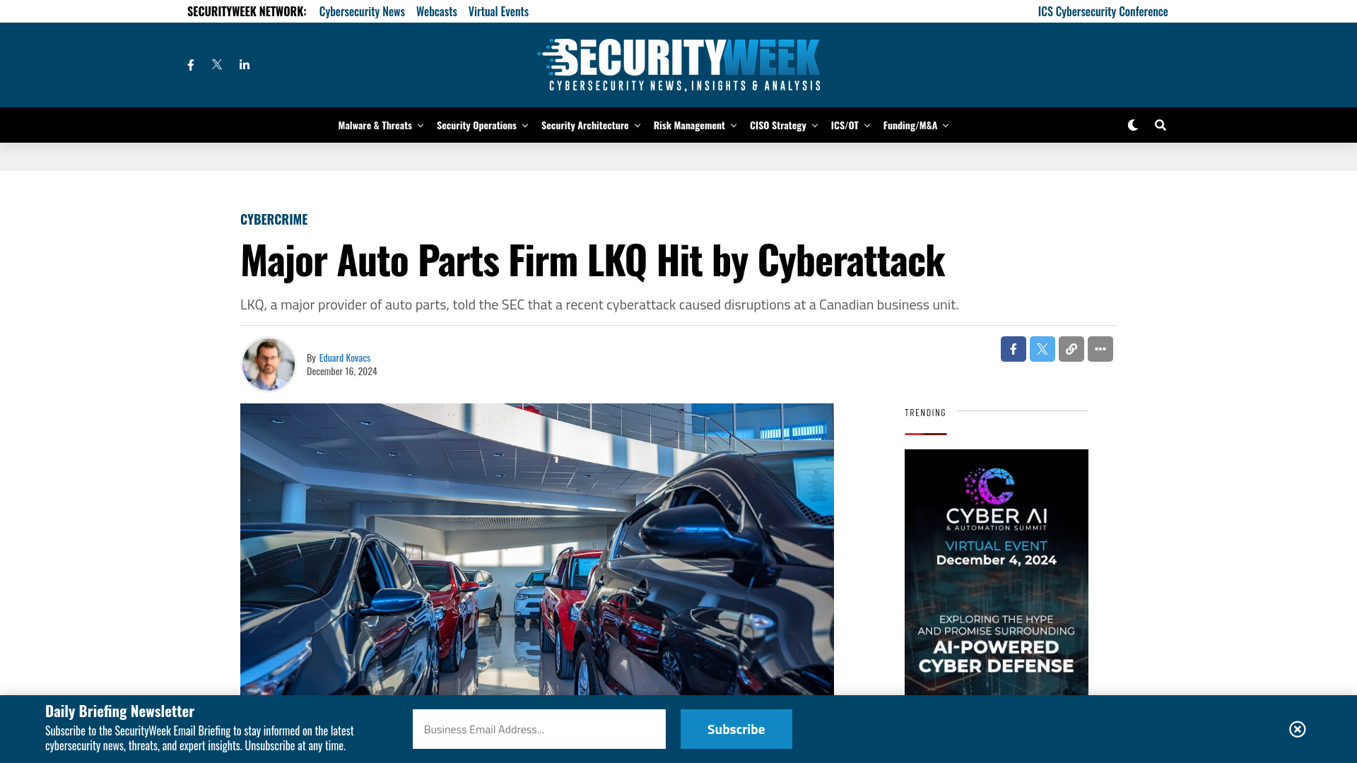 Major Auto Parts Firm LKQ Hit by Cyberattack - SecurityWeek