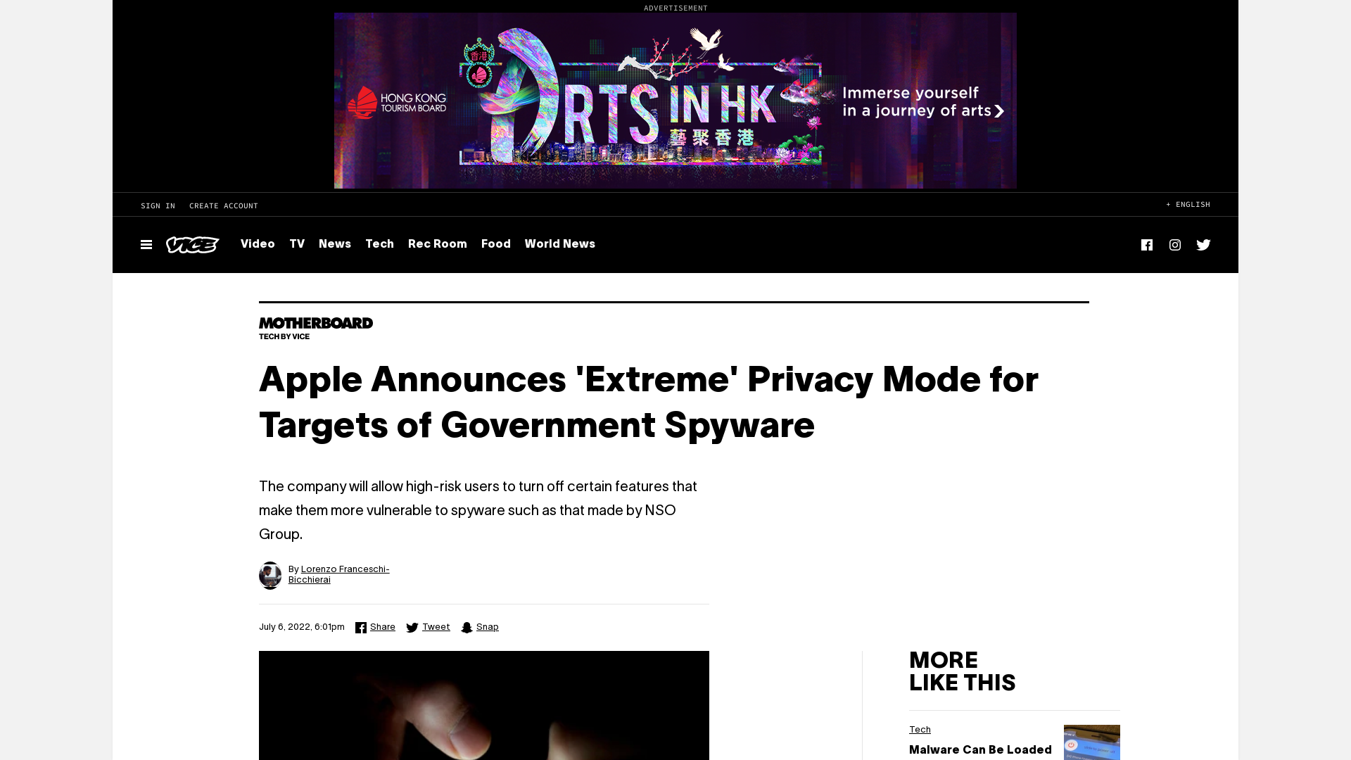 Apple Announces 'Extreme' Privacy Mode for Targets of Government Spyware