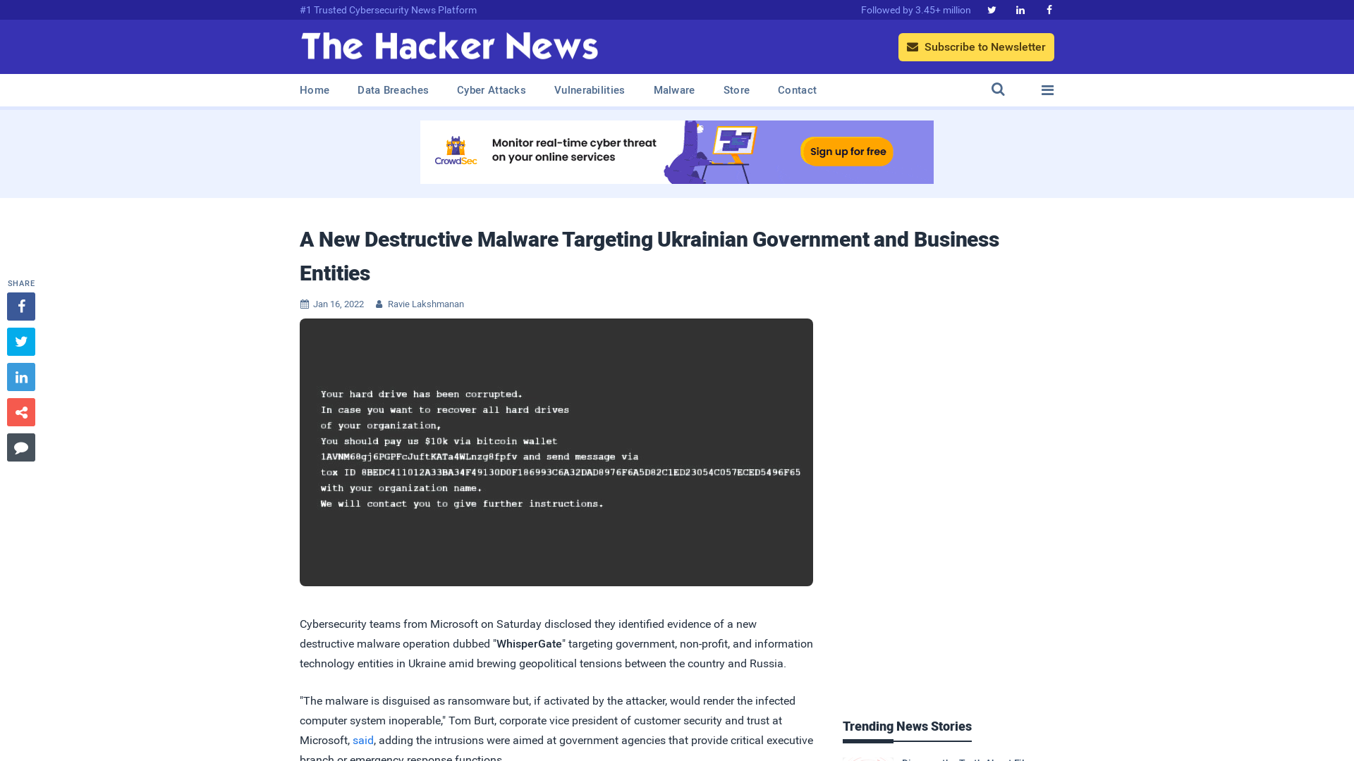 A New Destructive Malware Targeting Ukrainian Government and Business Entities