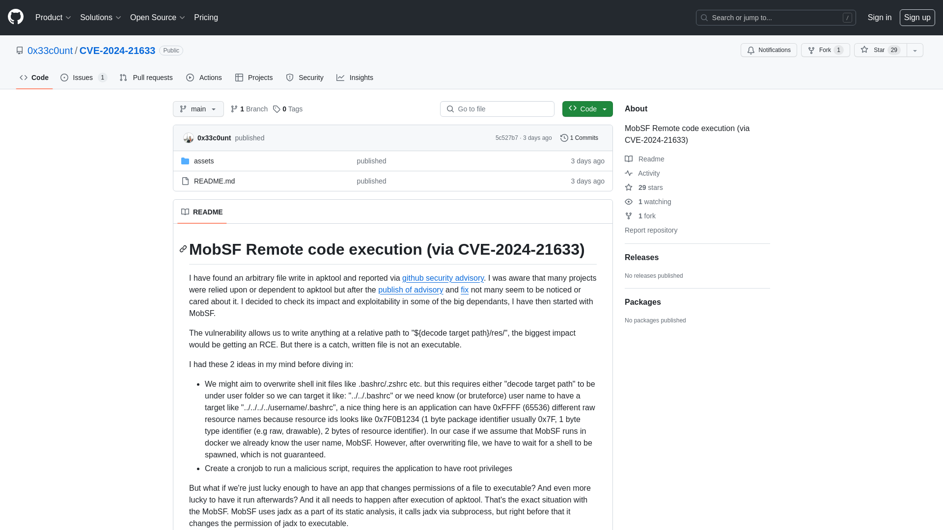 GitHub - 0x33c0unt/CVE-2024-21633: MobSF Remote code execution (via CVE-2024-21633)