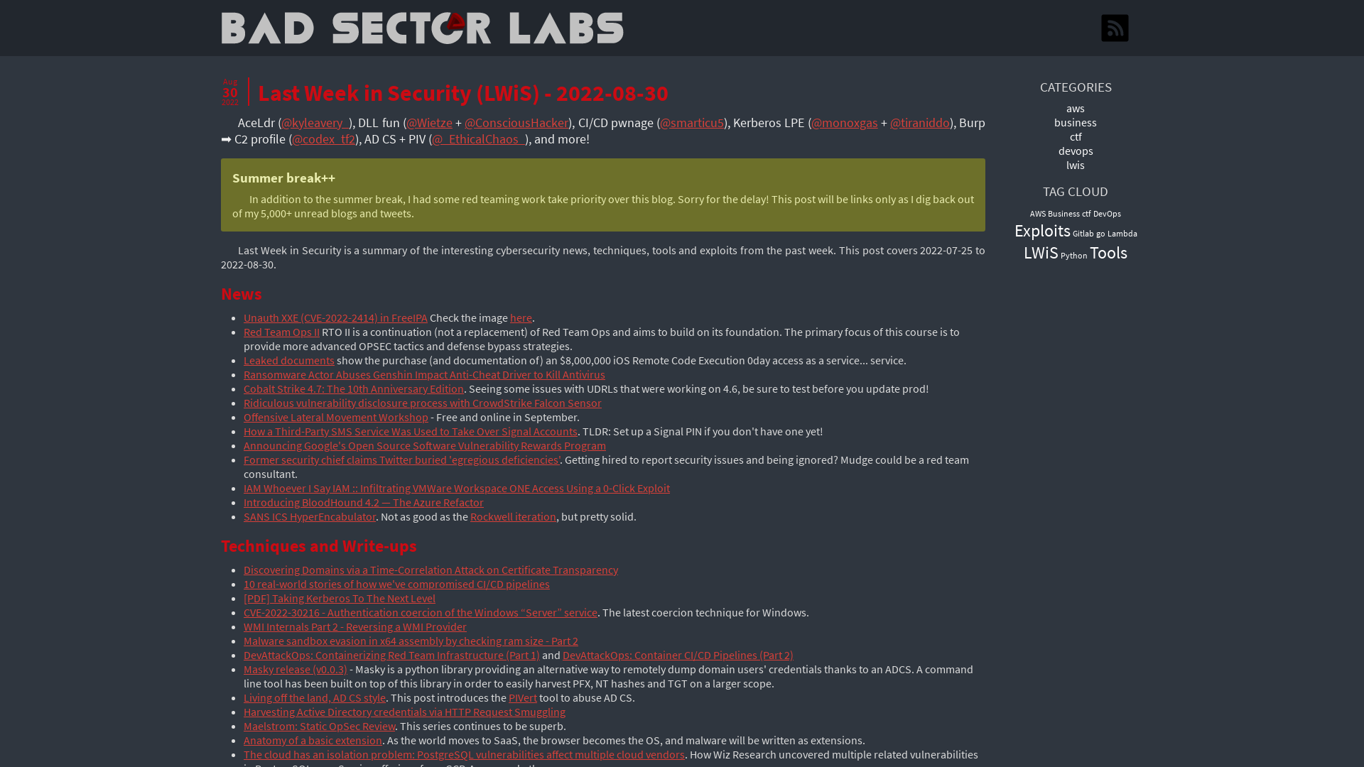 Last Week in Security (LWiS) - 2022-08-30 | Bad Sector Labs Blog